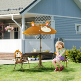 Outsunny Kids Foldable Four-Piece Garden Set with Table, Two Chairs and Monkey Umbrella – Ages 3-6