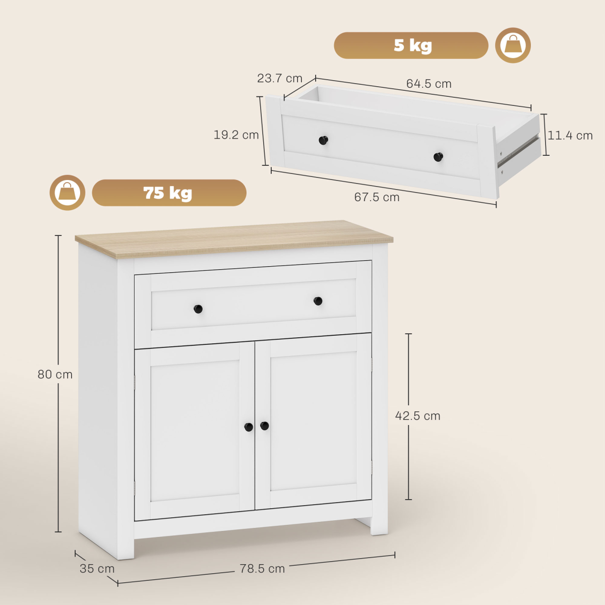 Kitchen Sideboard Storage Cabinet with Drawer & Adjustable Shelves – Freestanding Cupboard, White and Oak