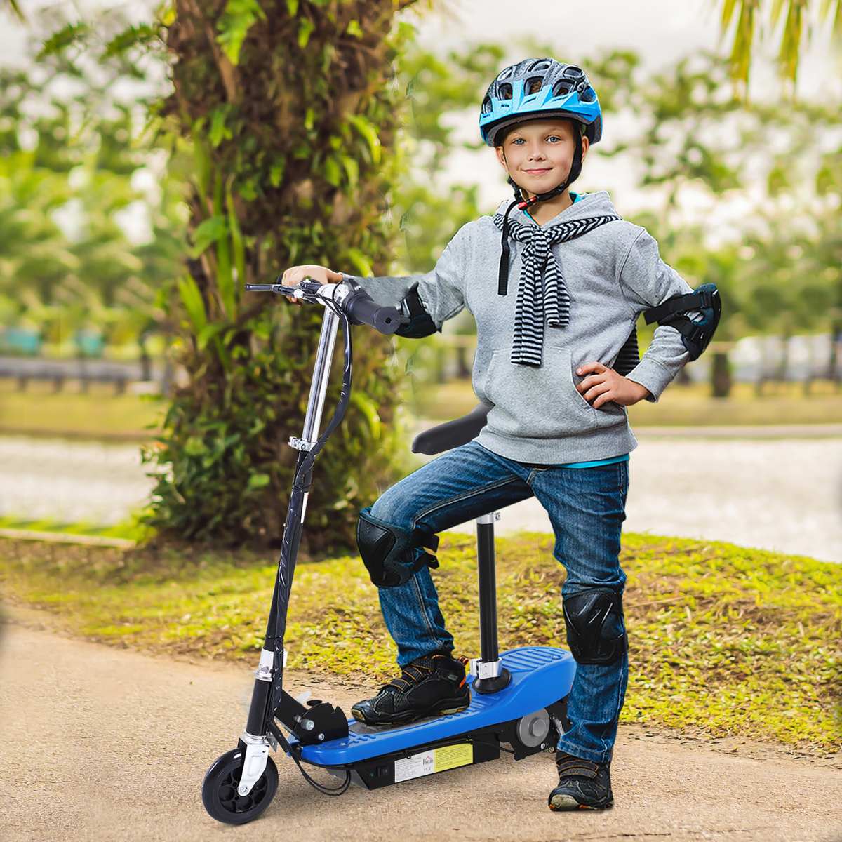 HOMCOM Kids Foldable Electric Scooter 120W with Adjustable Seat & Hand Brake – For Ages 7-12, Blue