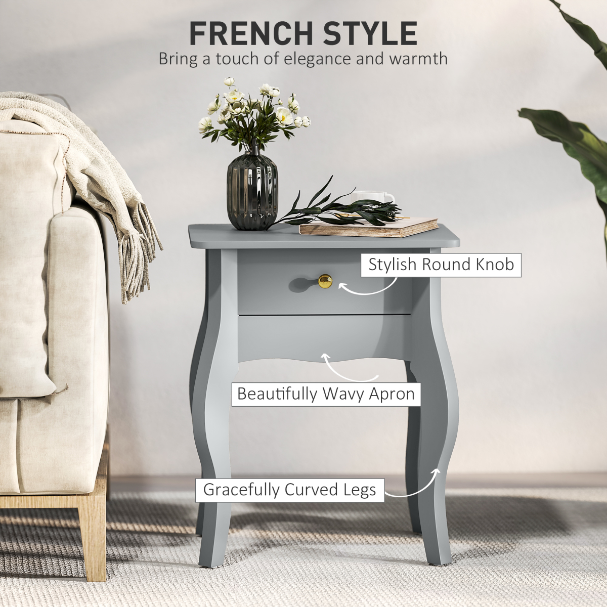 French-Style Side Table with Drawer, Curved Legs & Anti-Tip Strap – Bedside Nightstand & Lamp Table, Grey