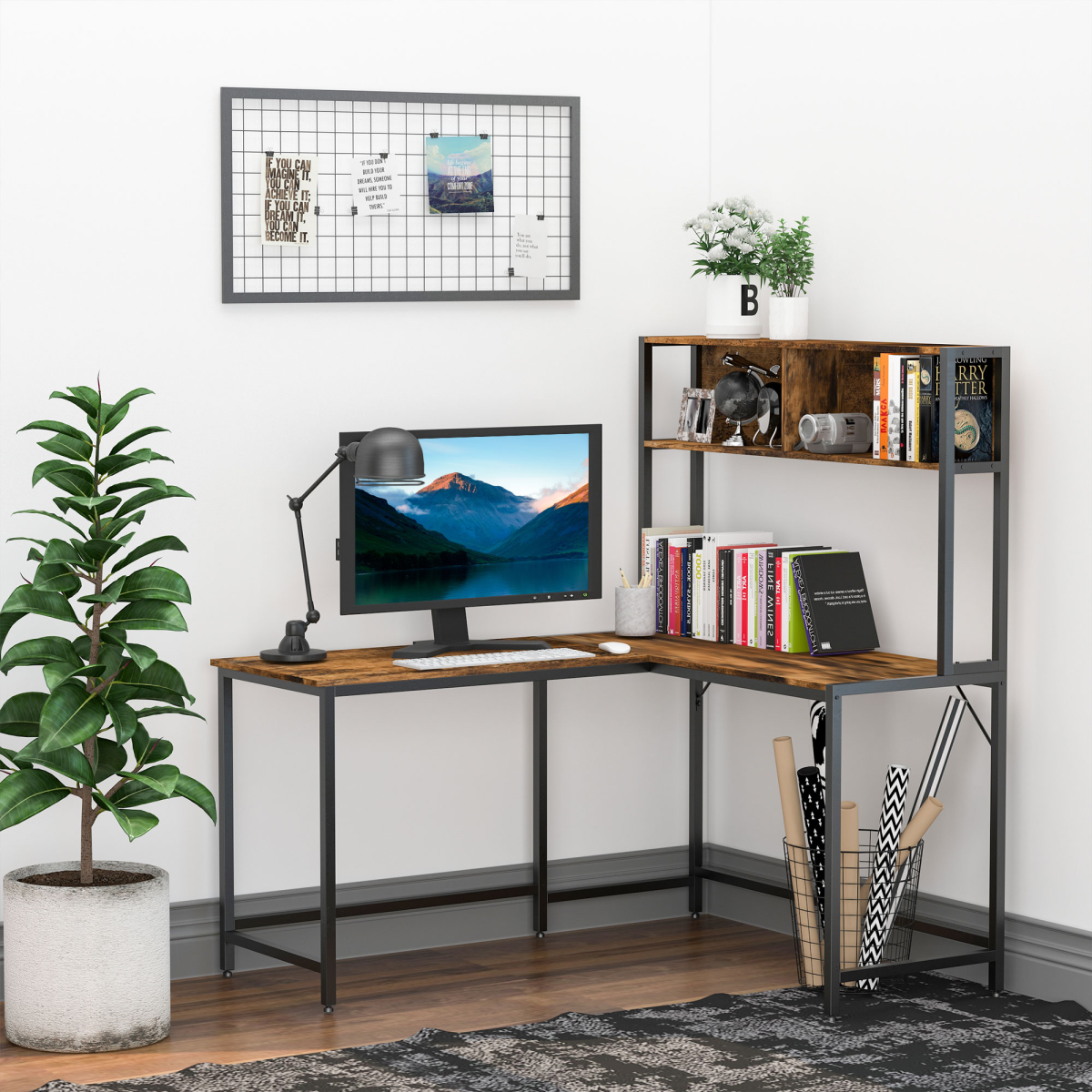 HOMCOM Industrial L-Shaped Desk with Upper Shelf, 149 x 140cm – Corner Home Office Workstation, Brown & Black