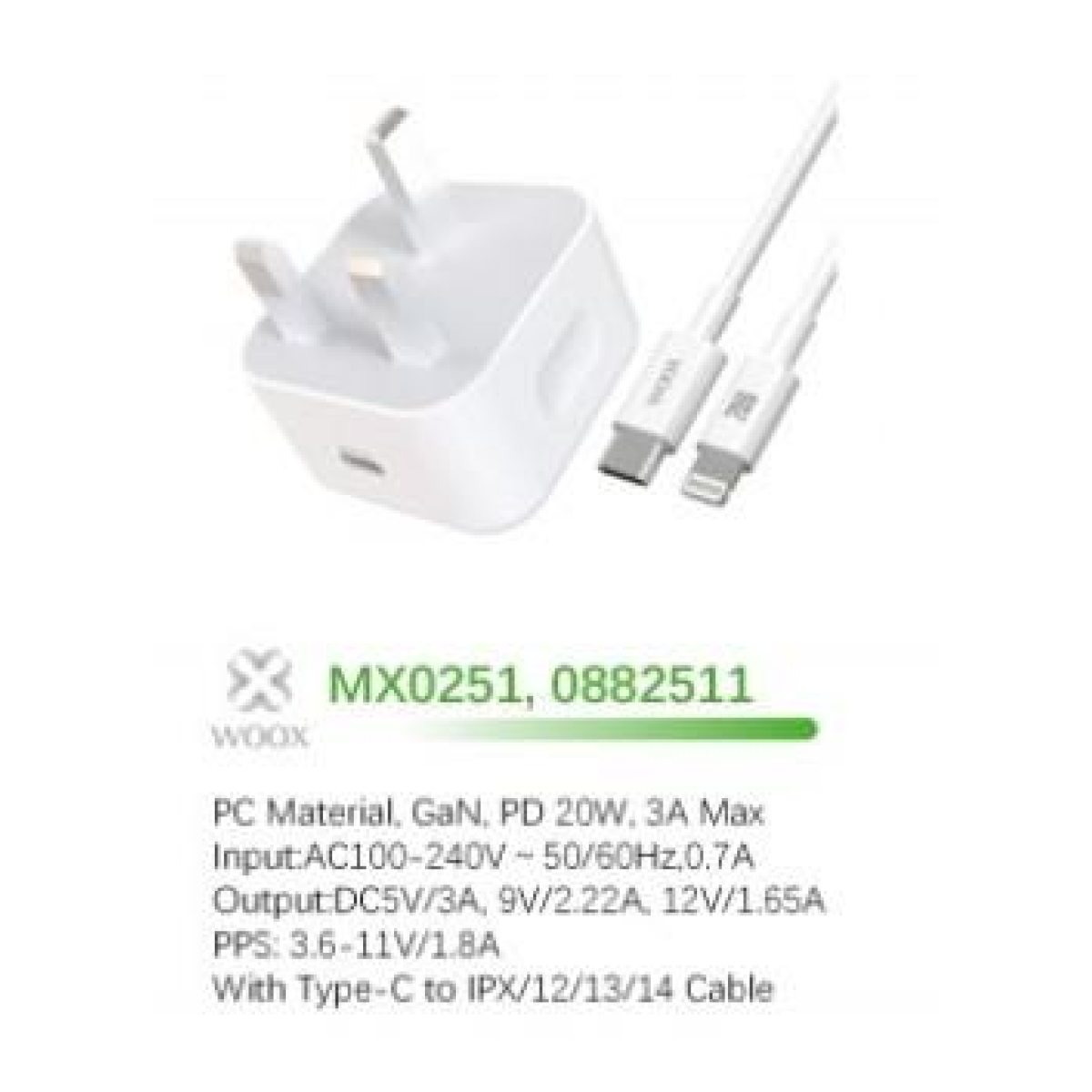 WOOX MX0251 20W PD Home Charger with Type-C to Lightning Fast-Charge Cable, 5V 3A, White