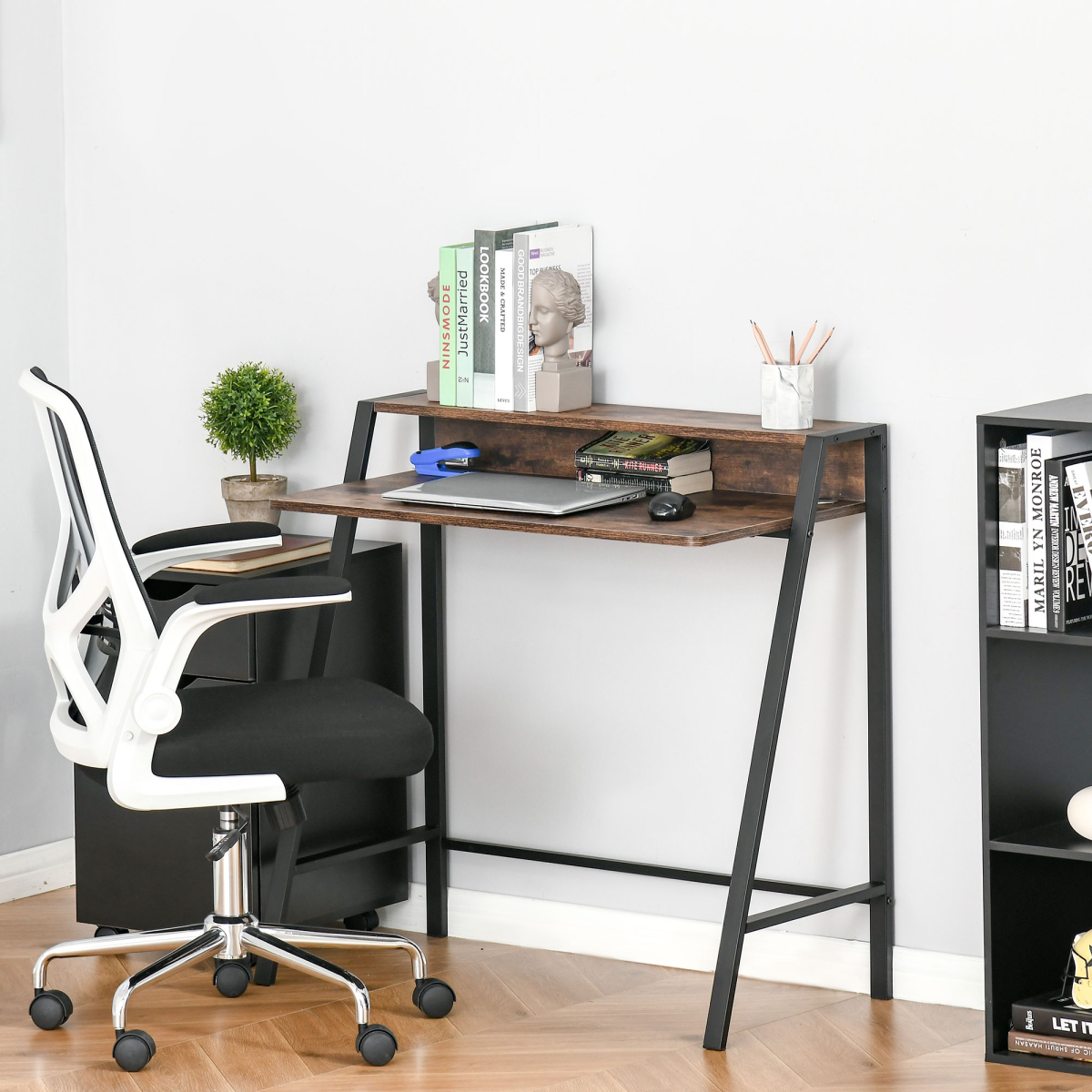 HOMCOM Office PC Workstation with Two-Tier Worktop and Storage Shelf – Metal Frame Desk, Rustic Brown