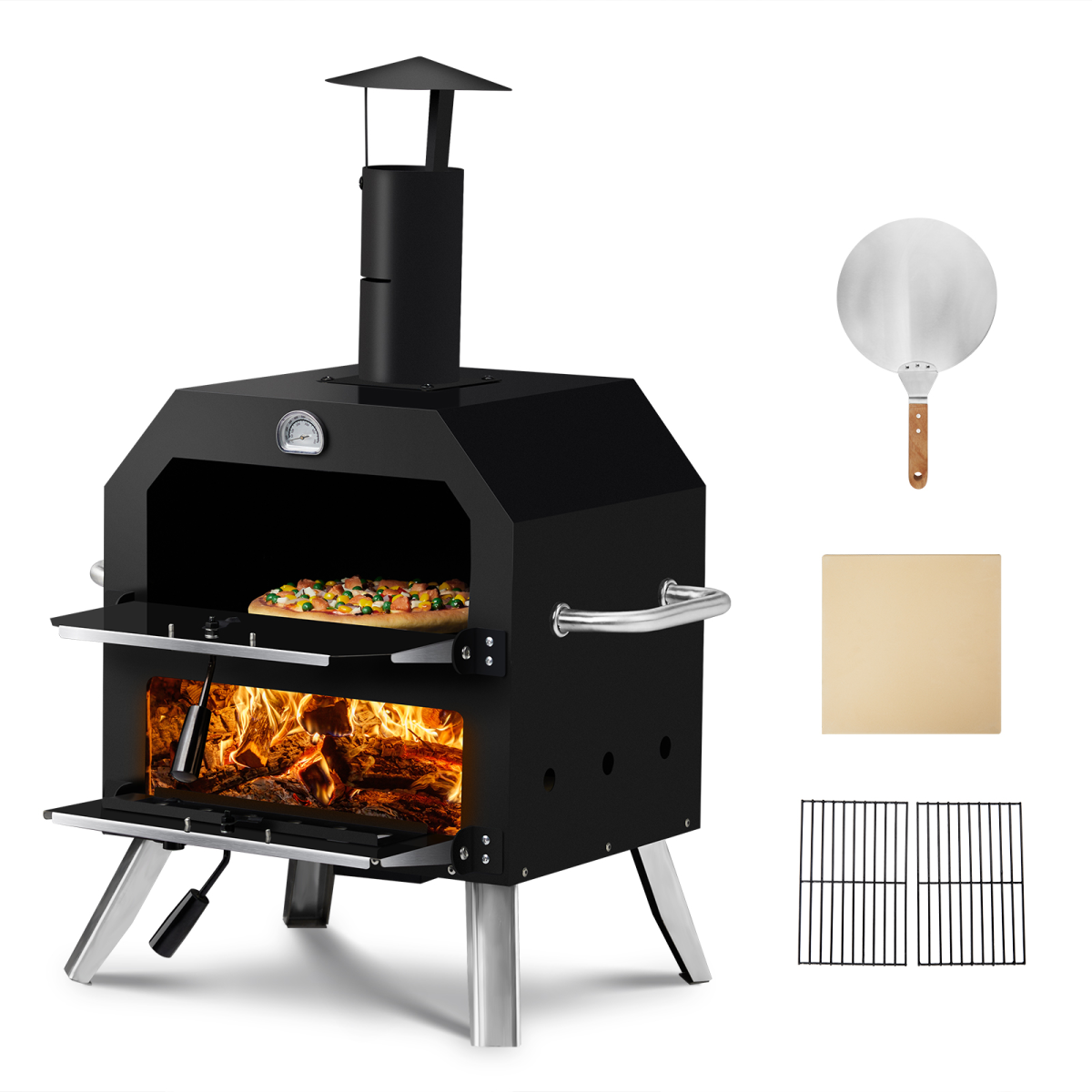 Wood Fired Outdoor Pizza Oven with 2 Layers, Pizza Stone & Cooking Rack – Portable BBQ Camping Oven