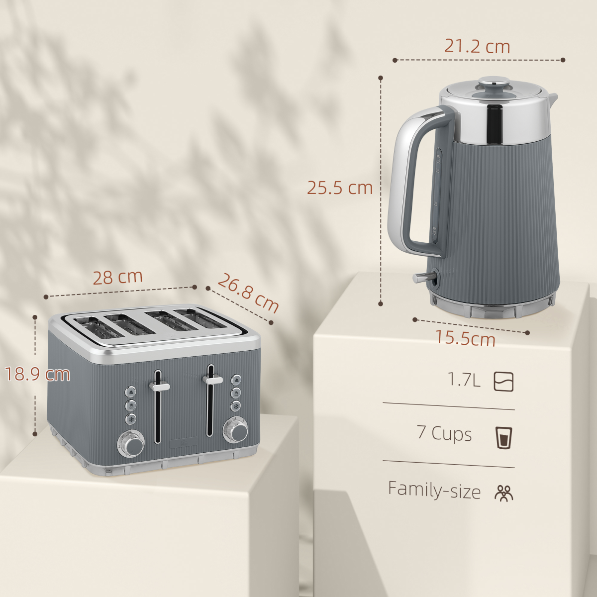 Kettle and 4-Slice Toaster Set with 1.7L 3000W Fast Boil Kettle & 7 Browning Levels – Ridged Design, Grey