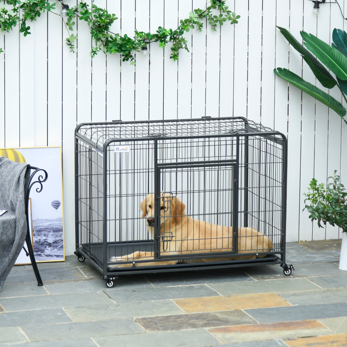 PawHut Foldable Metal Dog Crate with Lockable Doors, Wheels & Removable Tray – Large Dog Kennel