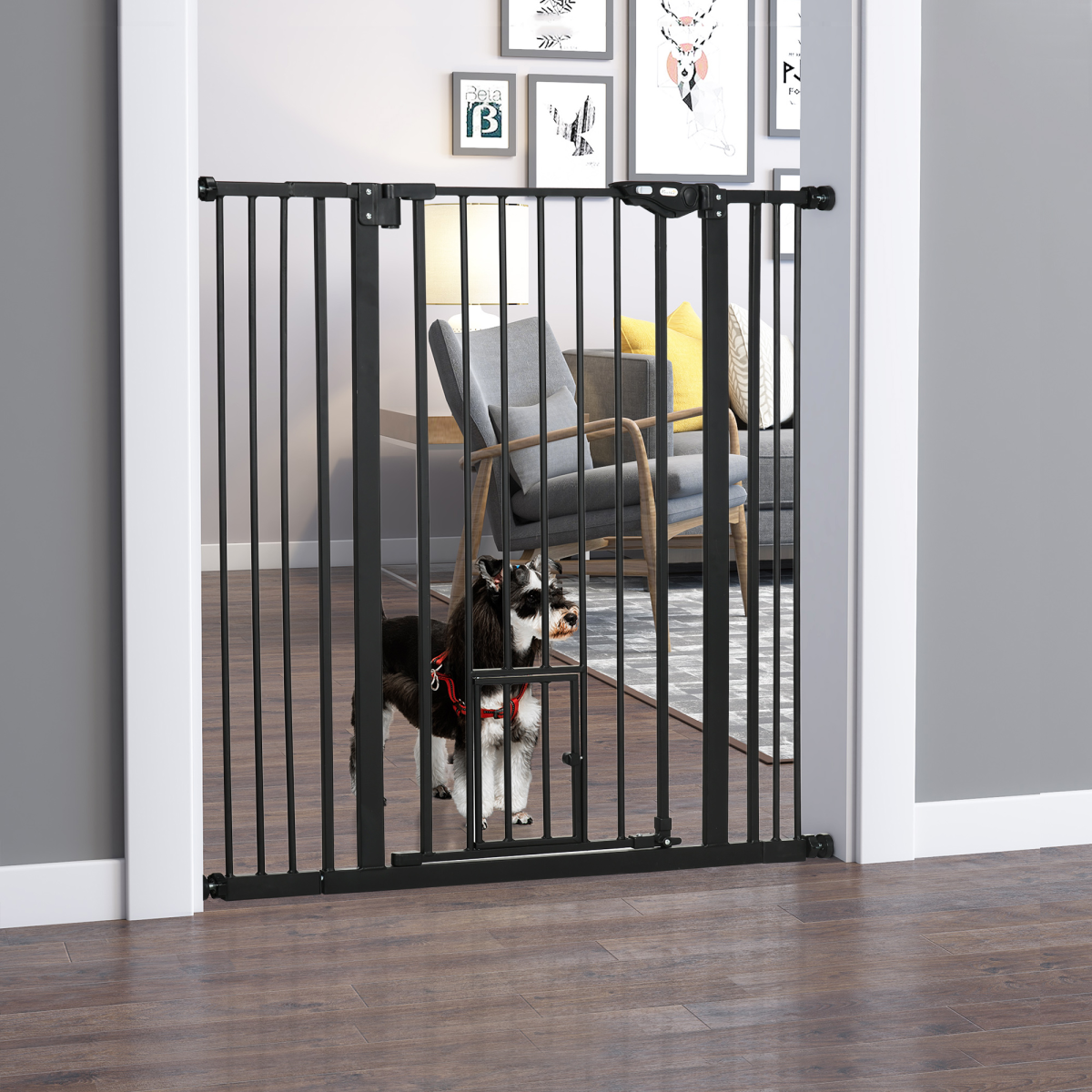 PawHut Extra Tall Dog Gate with Cat Door and Auto-Close, Steel Stair Gate for Doorways, 74-101cm Wide