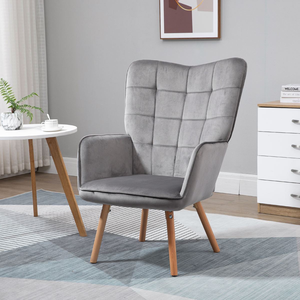 HOMCOM Velvet-Touch Tufted Wingback Accent Armchair with Wooden Legs – Living Room and Bedroom Chair, Grey
