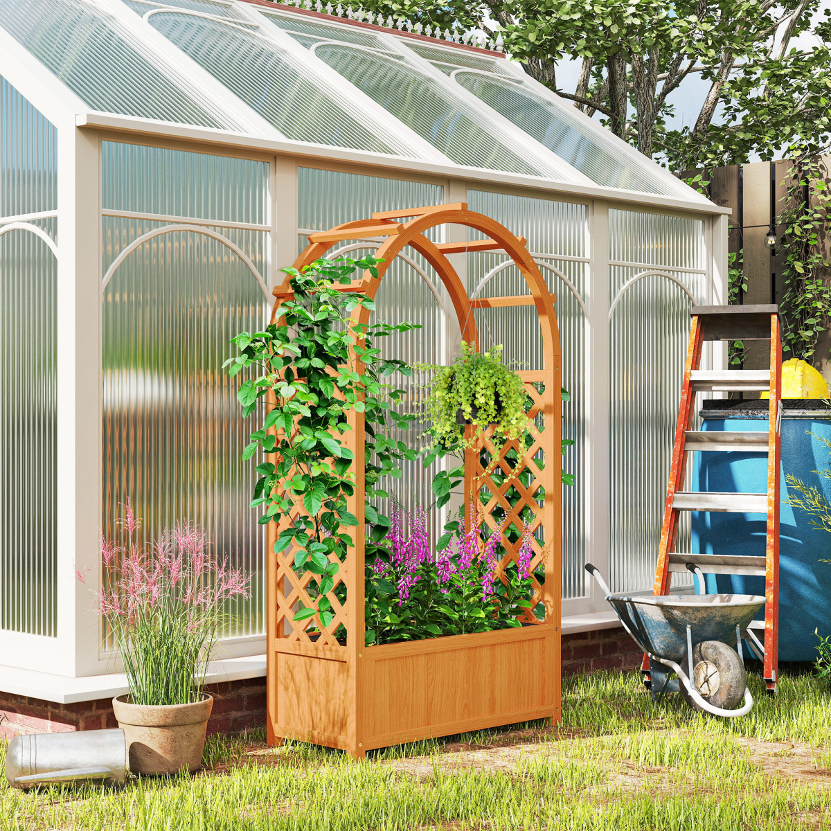 Outsunny Wooden Raised Garden Bed with Side & Arch Trellises, Drainage Holes & Fabric Liner – Fir Wood
