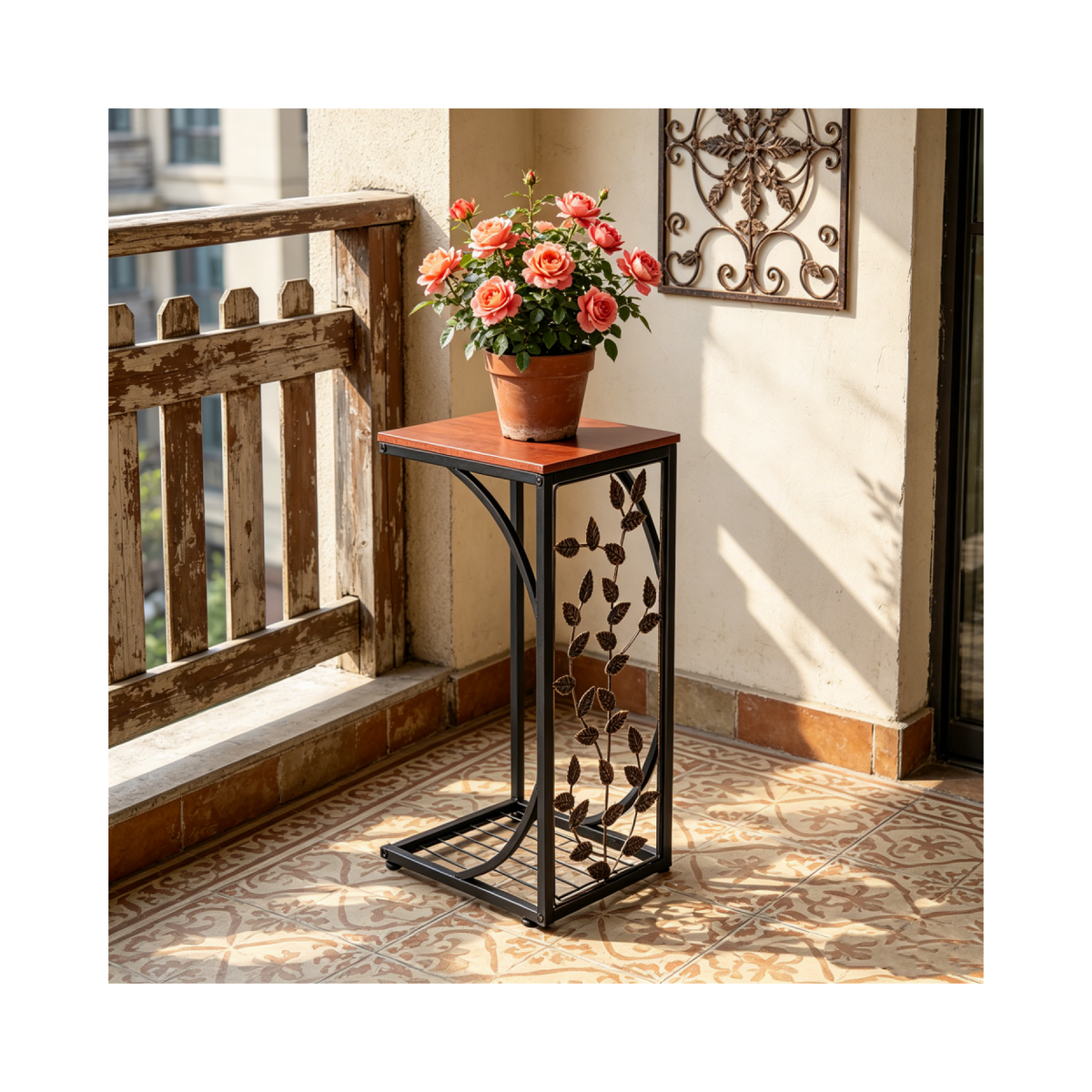 Leaf Pattern Iron Side Table with MDF Top – Compact Coffee & End Table for Small Spaces, Brown & Gold