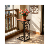 Leaf Pattern Iron Side Table with MDF Top – Compact Coffee & End Table for Small Spaces, Brown & Gold
