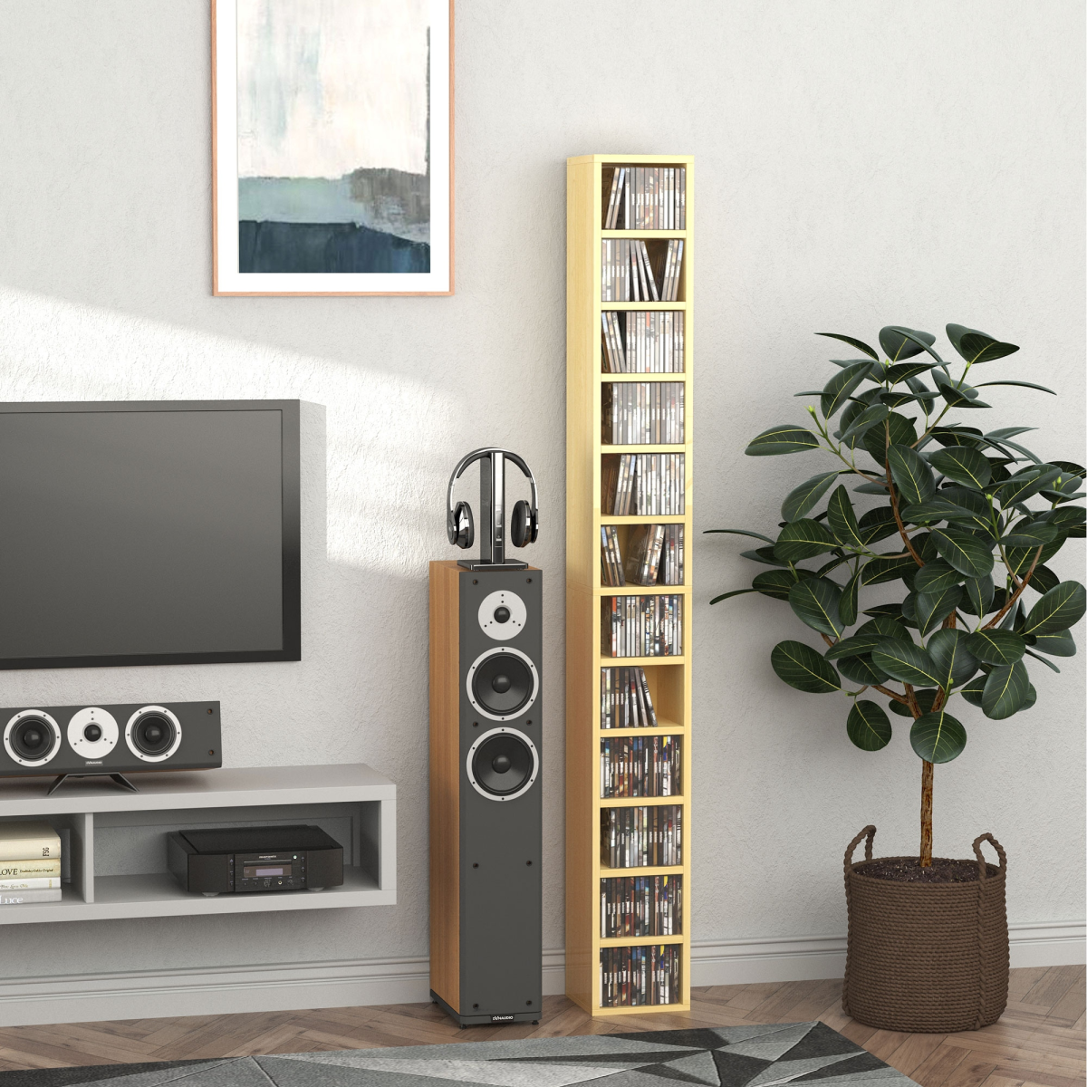 HOMCOM 12-Tier Multimedia Storage Shelf for 204 CDs, Blu-rays and Video Games – Wide Base, Pine Wood Colour