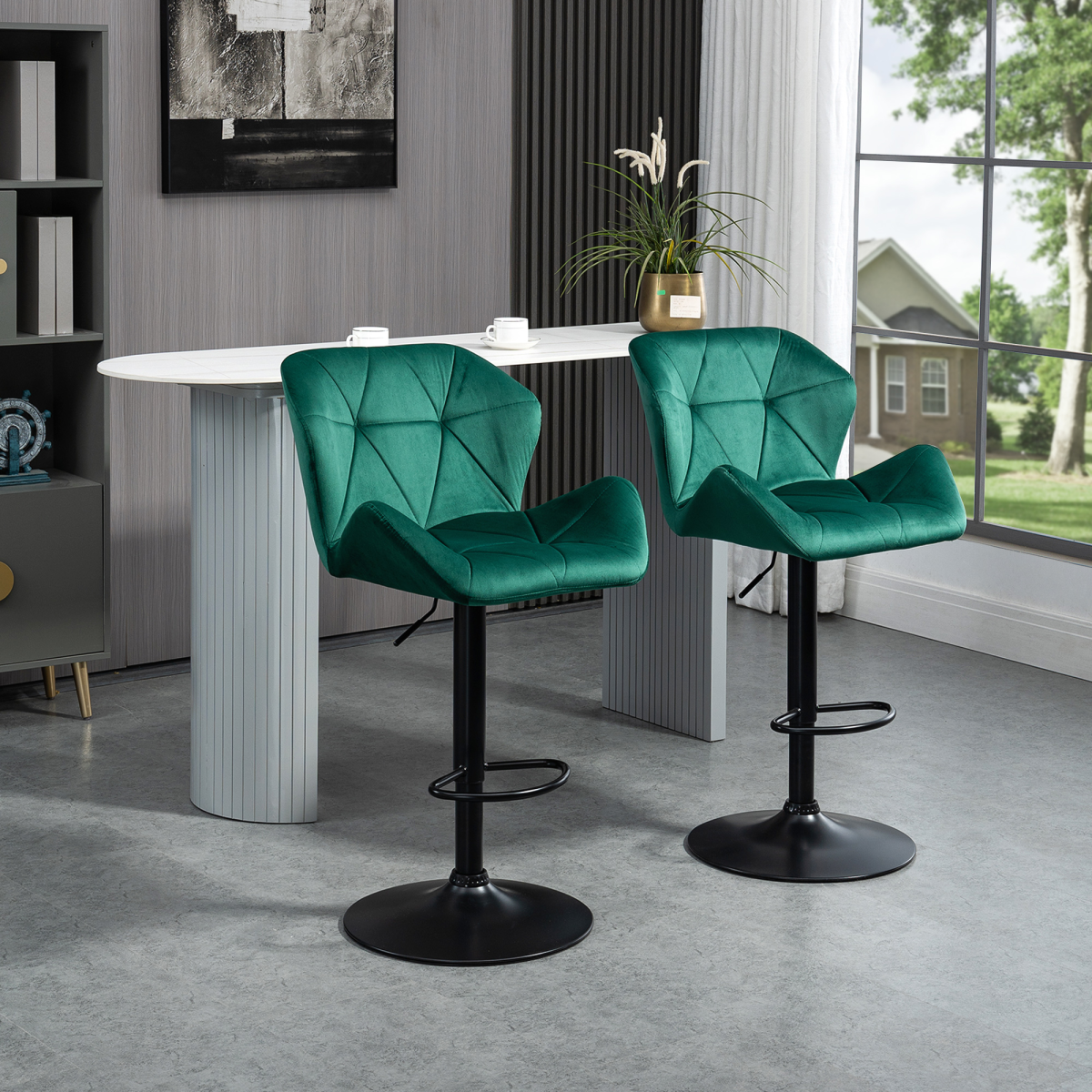 HOMCOM Set of 2 Velvet-Touch Bar Stools with Wing-Shaped Seats & Metal Footrest – Breakfast Bar Seating, Green