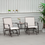 Outsunny Double Glider Rocking Loveseat with Glass Middle Table & Textilene Mesh – Garden Seating, Beige