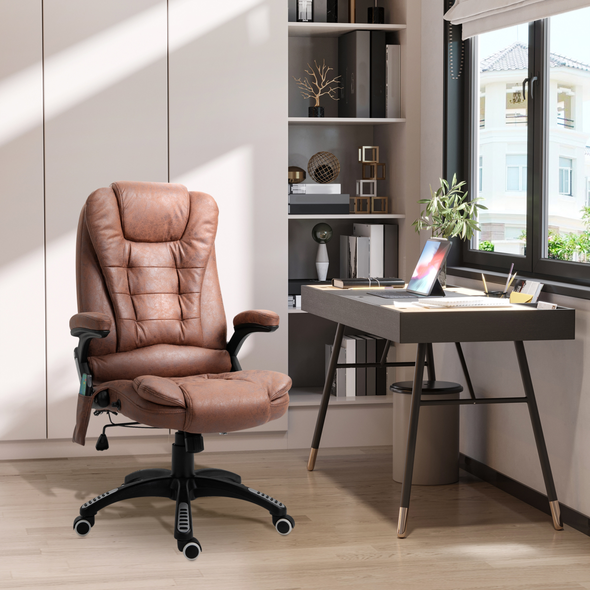 Executive Reclining Office Chair with Heated Massage, Padded Headrest & Swivel – Height Adjustable, Brown