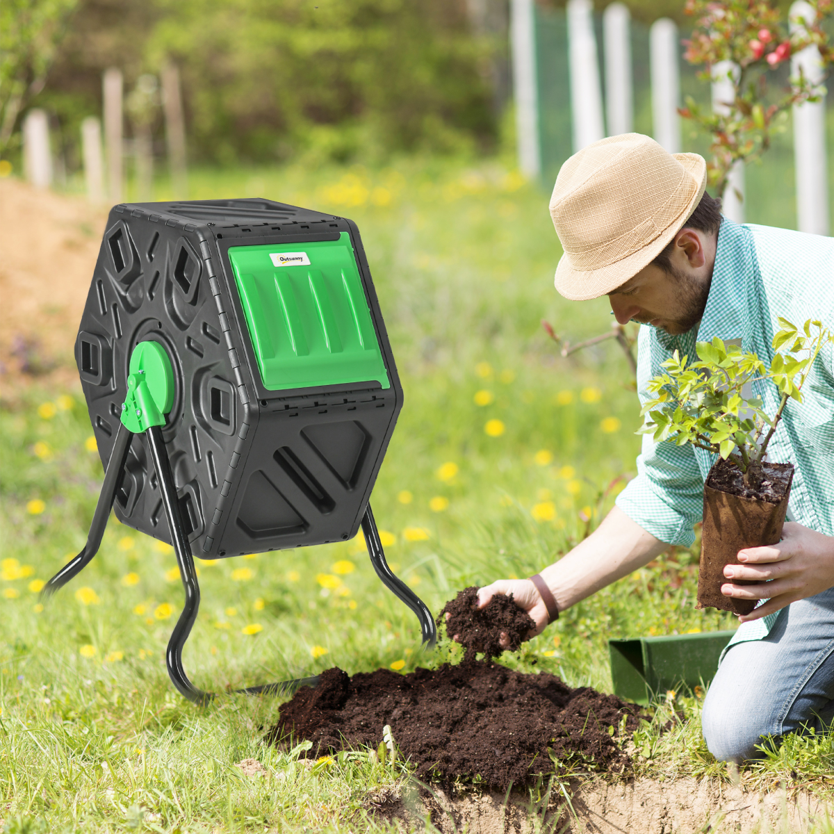 Outsunny 65L Rotating Garden Compost Bin with 48 Ventilation Holes & Steel Legs – Barrel Composter