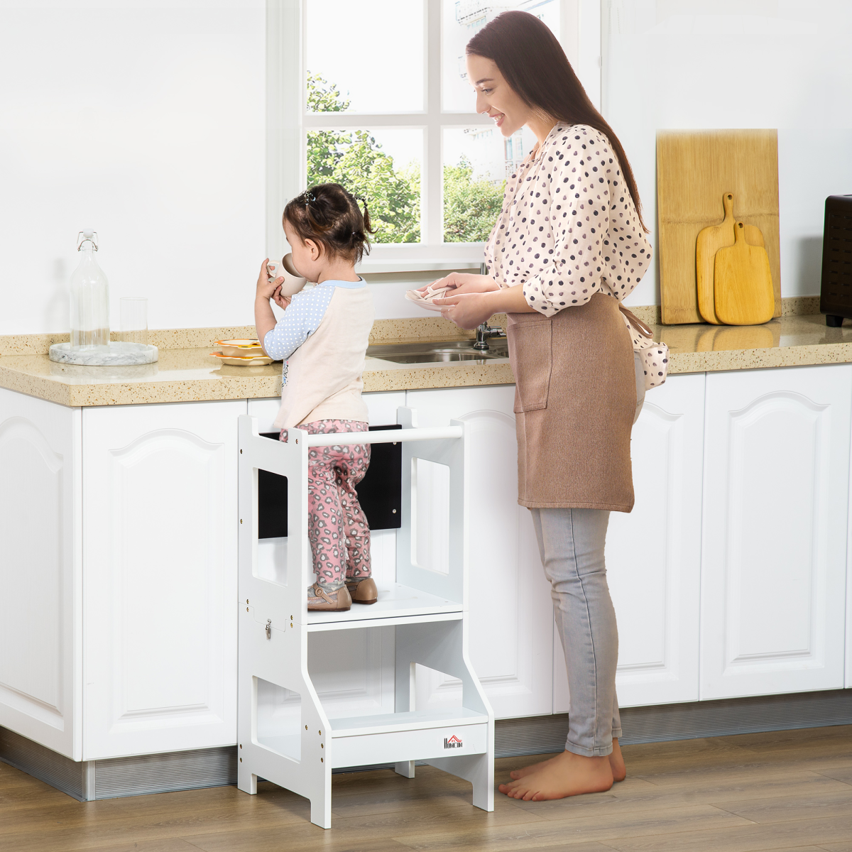 2-in-1 Kids Kitchen Step Stool & Table – Learning Tower with Safety Rail & Chalkboard