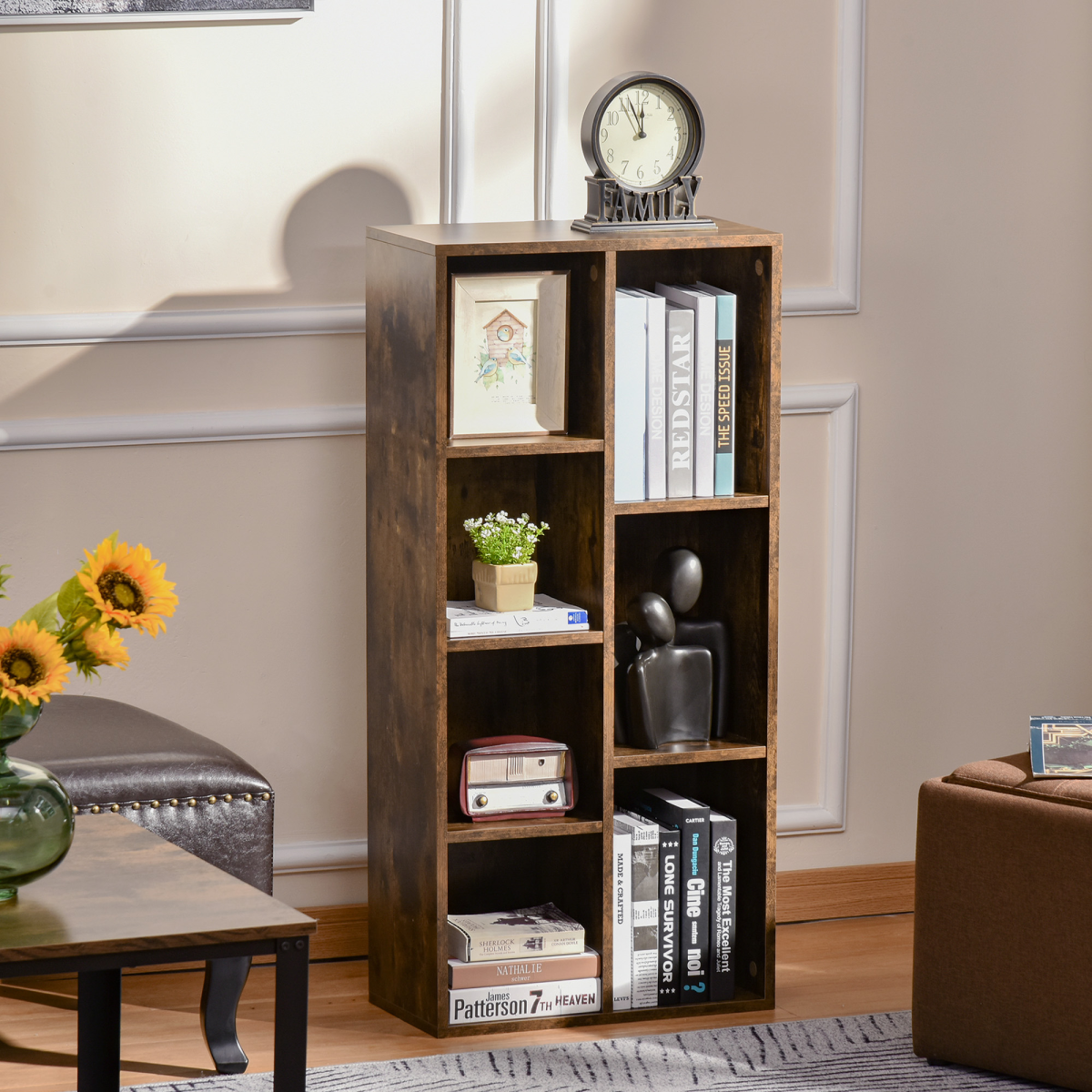 HOMCOM Industrial Cube Bookcase Display Cabinet with 7 Compartments – Metal Frame Storage, Rustic Brown