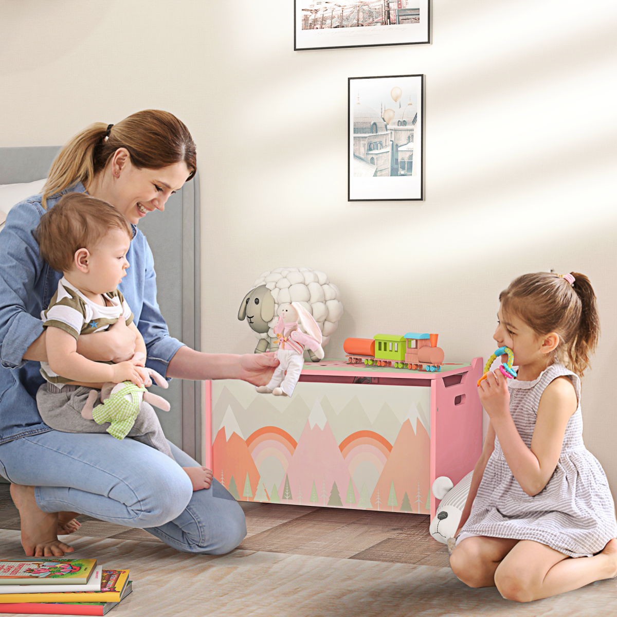 ZONEKIZ Toy Box, Kids Toy Chest with Lid and Safety Hinge – Rounded Corners Storage for Bedrooms & Playrooms, Pink