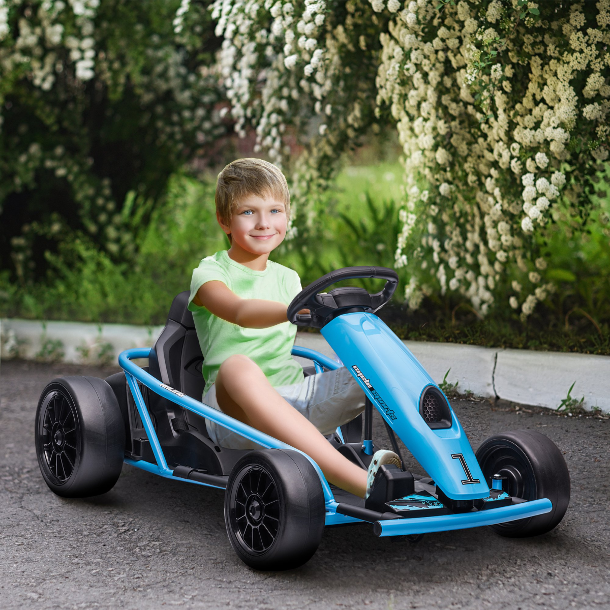 HOMCOM 24V Electric Go Kart for Kids with Music, Horn & Soft Start – Drifting Ride-On, Ages 8-12, Blue