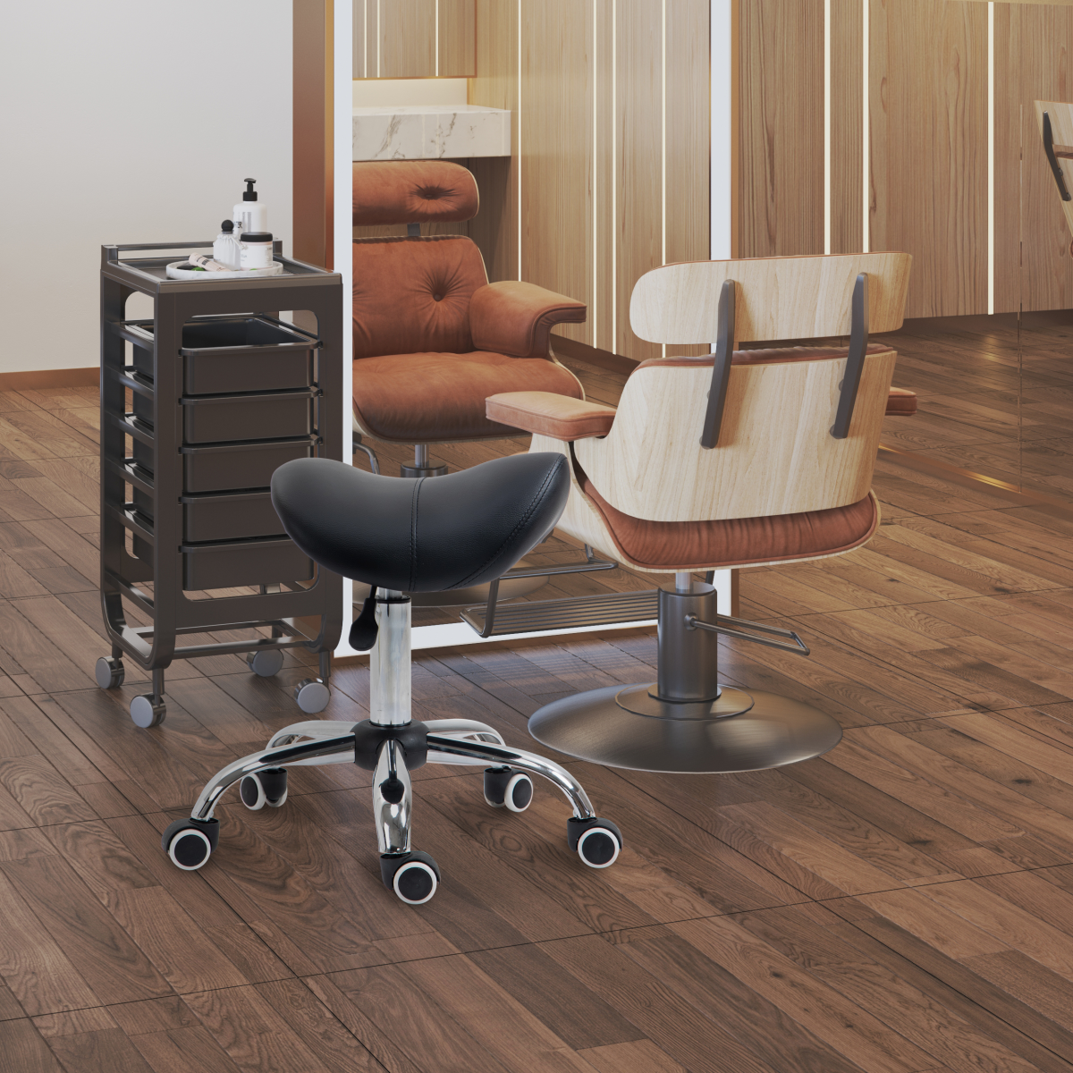 PU Leather Saddle Stool with Padded Seat & 5 Wheels – Adjustable Height Salon Stool, Black