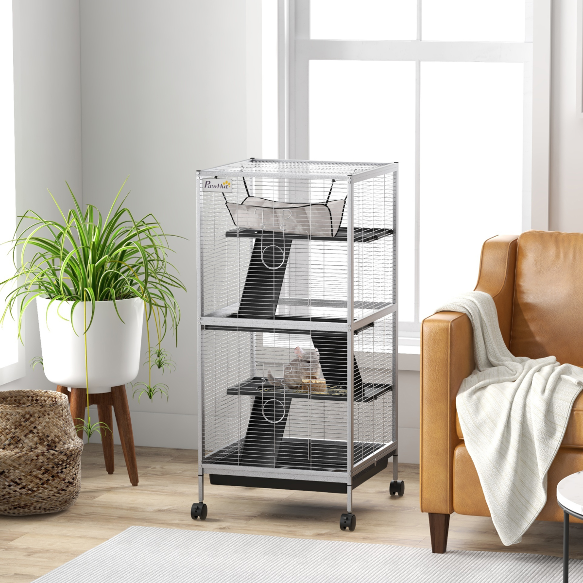 PawHut Rolling Small Animal Cage with Ramps & Platforms – Chinchilla and Ferret Cage with Hammock, Light Grey
