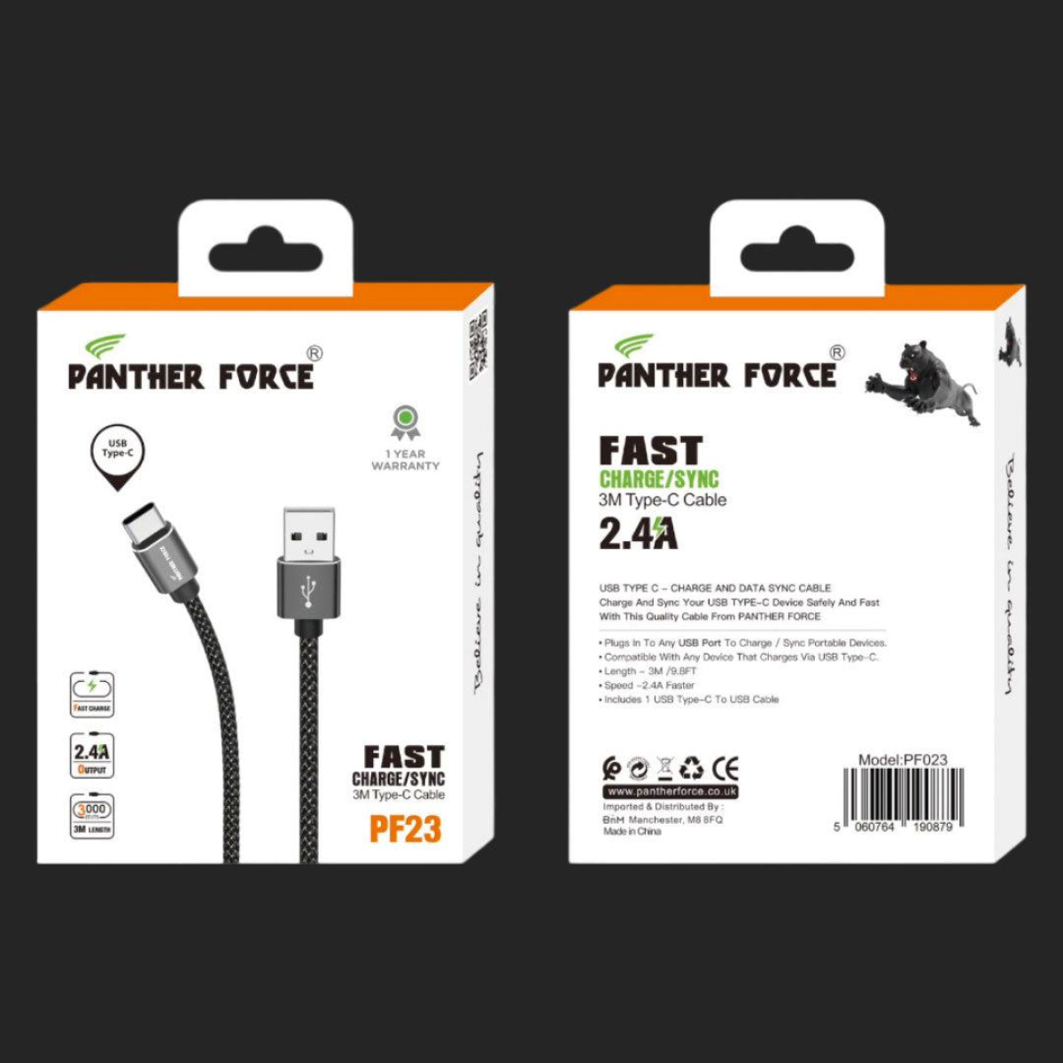 Panther Force 3m Type-C Charging Cable, 2.4A – Extra-Long Fast Charging Lead for Phones & Devices