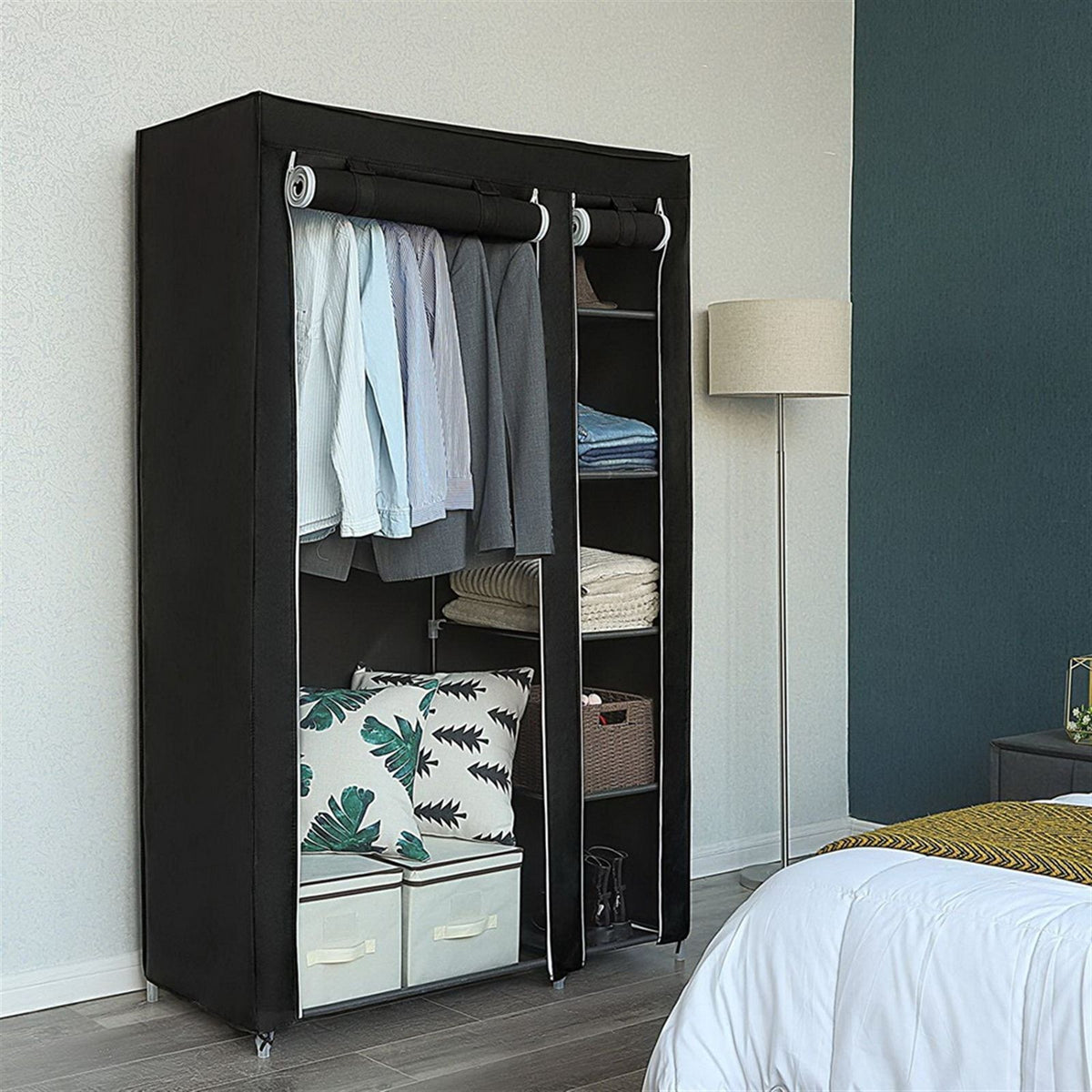 Portable Fabric Wardrobe with Hanging Rail and 6 Shelves – Zipped Dustproof Cover, 106 x 44 x 170cm, Black