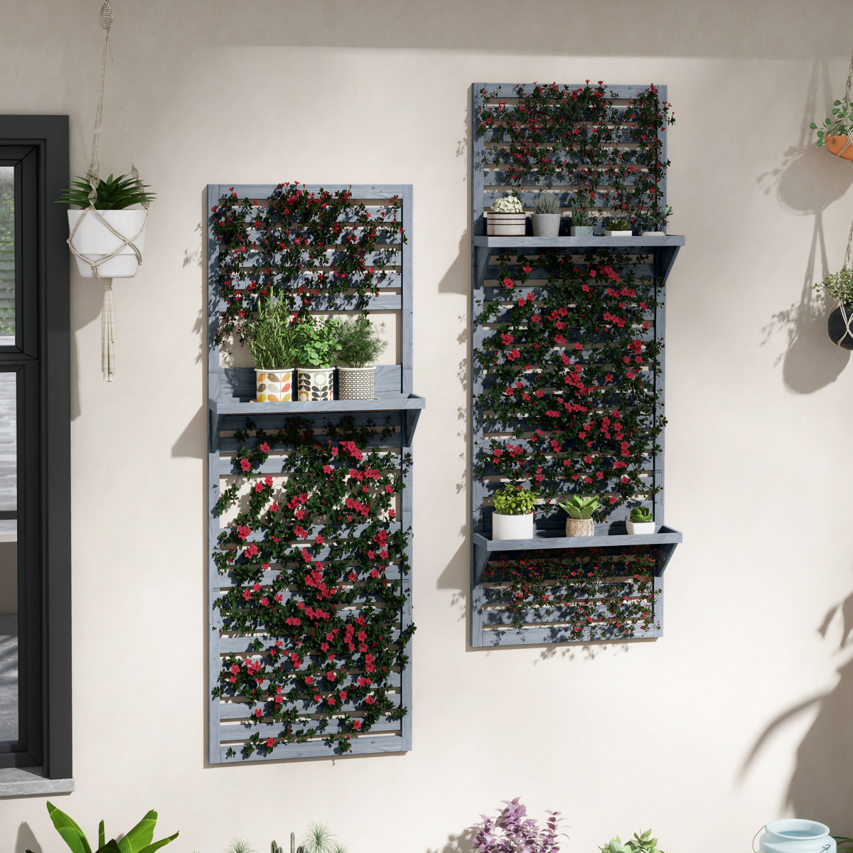 Outsunny Set of 2 Wall Mounted Plant Stands with Shelves & Slatted Trellis – Fir Wood Planters, Grey