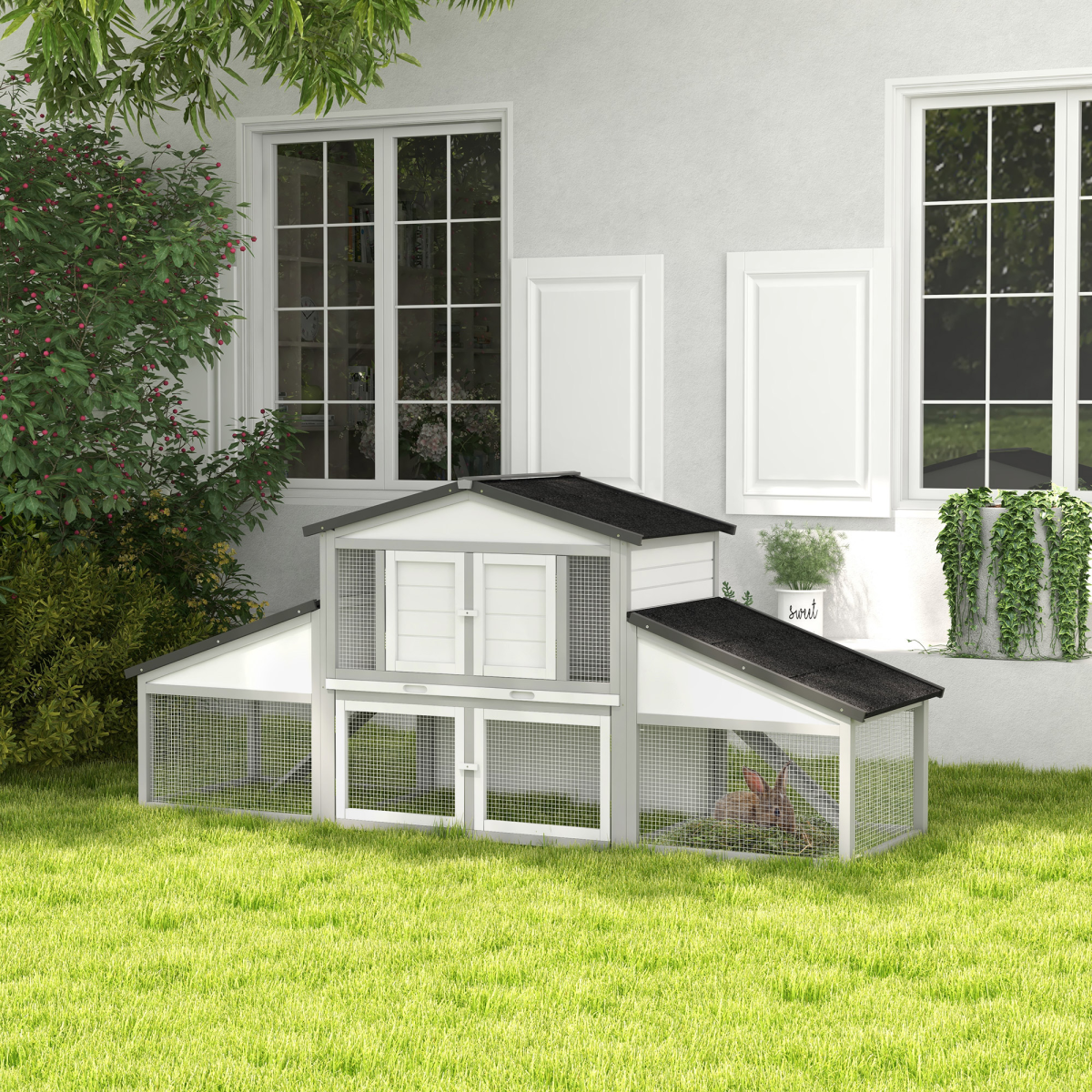PawHut Large Two-Tier Rabbit Hutch with Run, Tray & Ramp – Wooden Guinea Pig House, Grey