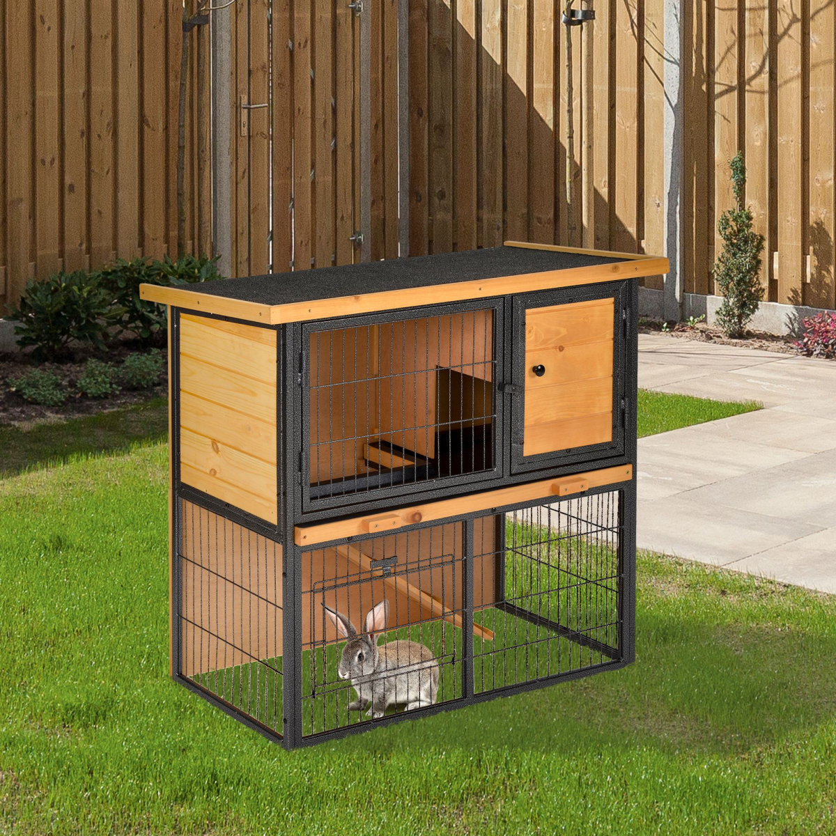 PawHut Wood-Metal Rabbit Hutch with Run, Ramp & Pull-Out Tray – Elevated Outdoor Pet House, 89.5cm
