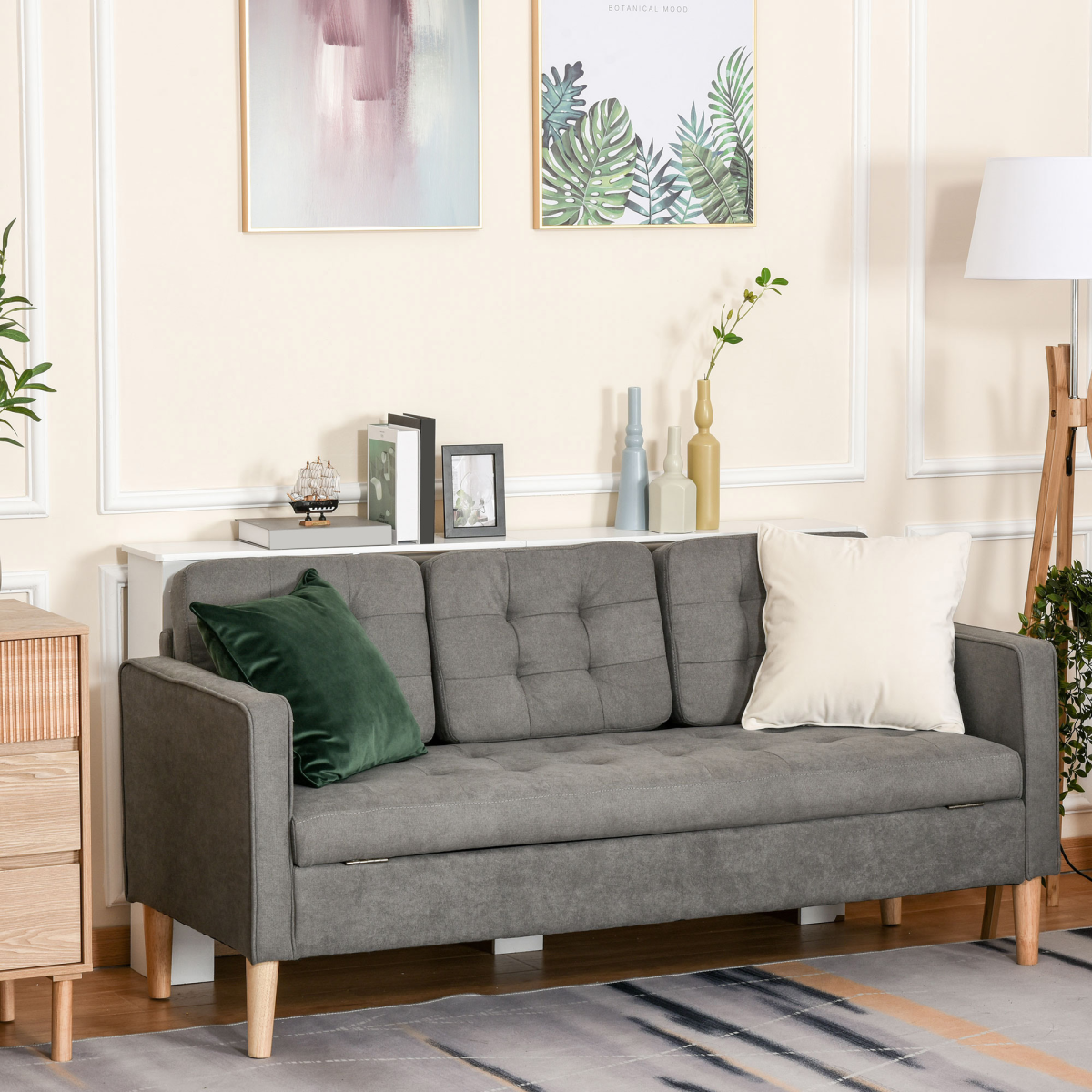 HOMCOM 3-Seater Button-Tufted Fabric Sofa with Hidden Storage and Rubberwood Legs – Compact Couch