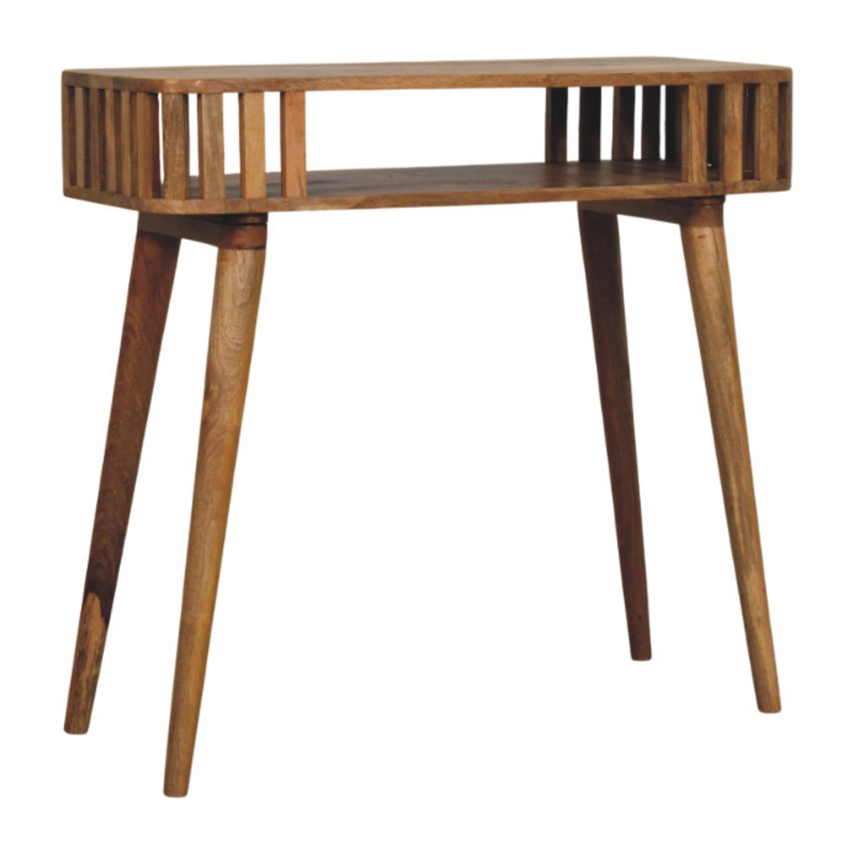 Artisan Furniture Slatted Solid Mango Wood Console Table with Open Shelf & Tapered Legs – Oak-ish Finish, Beige