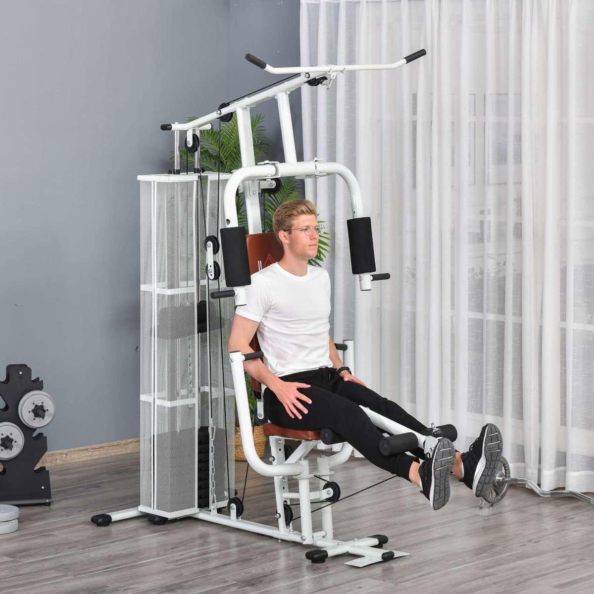 HOMCOM Multifunction Home Gym Station with 45kg Weight Stack – Full Body Strength Training Machine, White