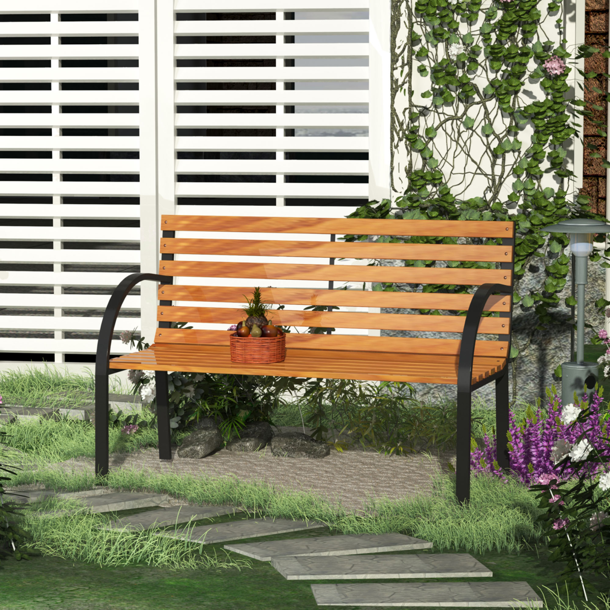 Outsunny 2-Seater Garden Bench with Steel Frame and Hardwood Slats, 122 x 60 x 80cm