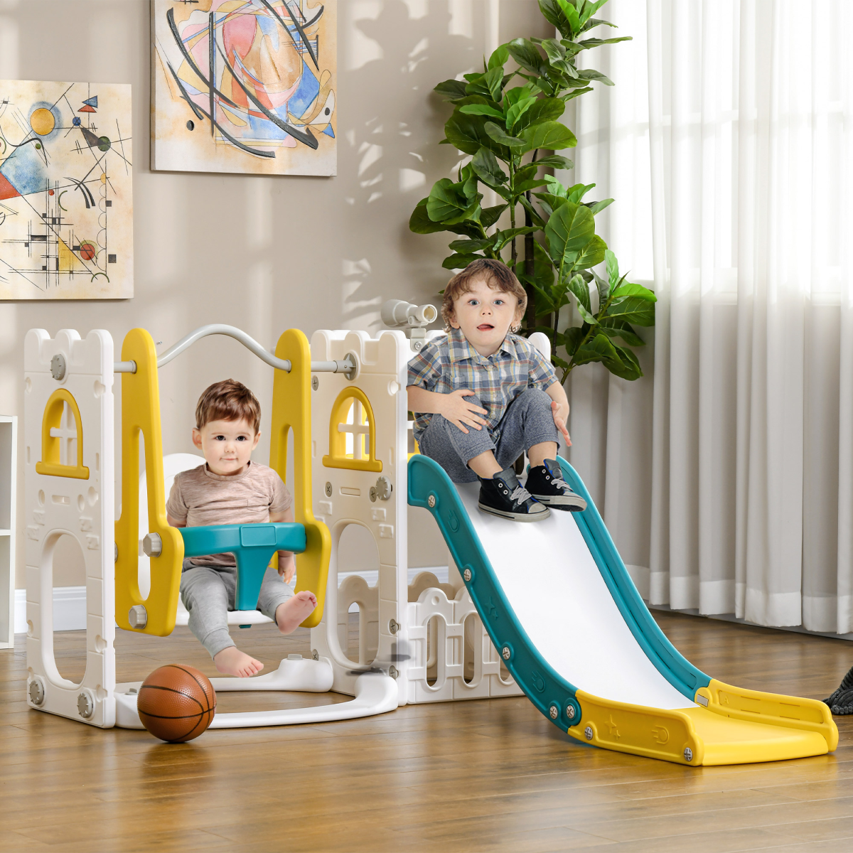 AIYAPLAY 6 in 1 Toddler Climber and Slide Set with Swing, Basketball Hoop & Telescope – Ages 1-3, Yellow