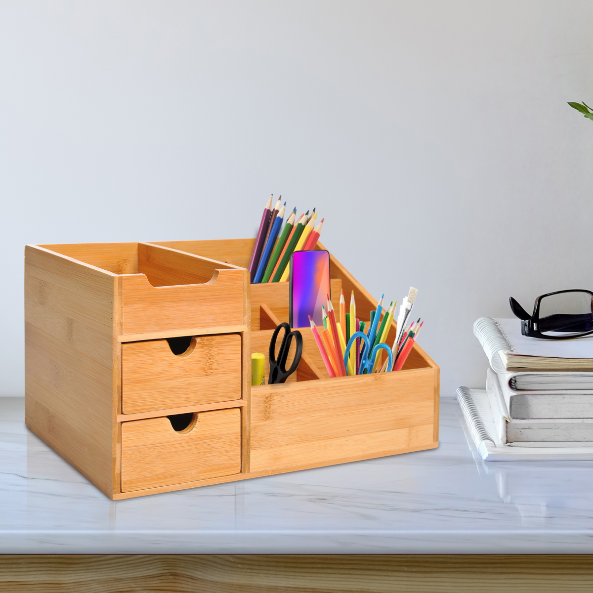HOMCOM Bamboo Desktop Organiser with 2 Large Drawers & 7 Compartments – Home Office Storage