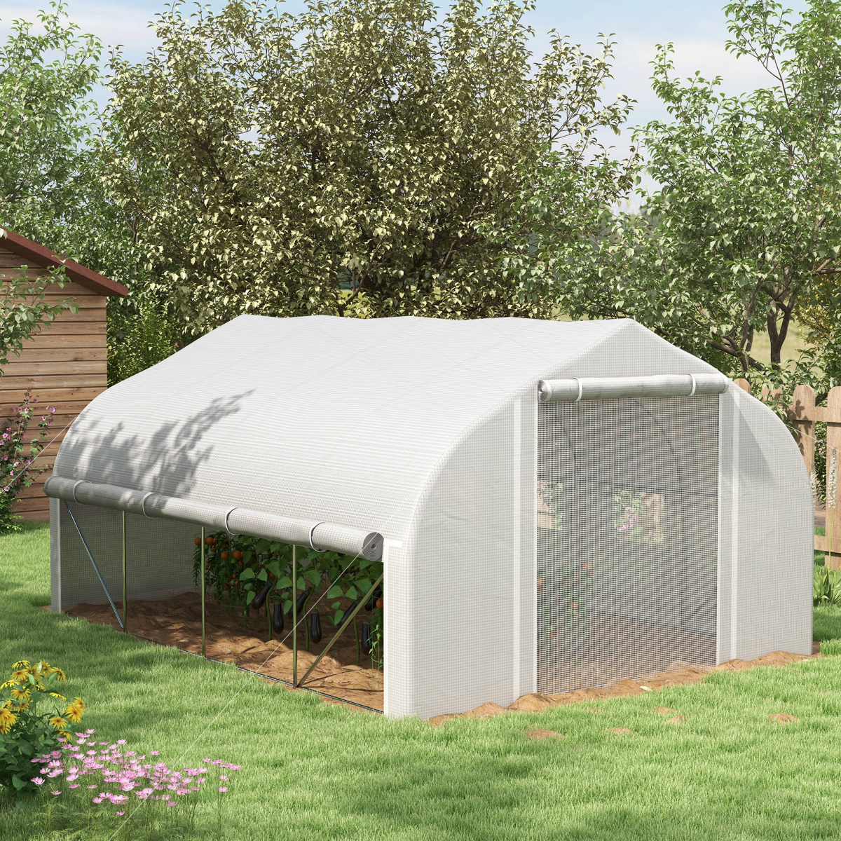 Outsunny 4 x 3m Polytunnel Greenhouse with Roll-Up Sidewalls, Mesh Door & Plant Labels, Galvanised Steel, White