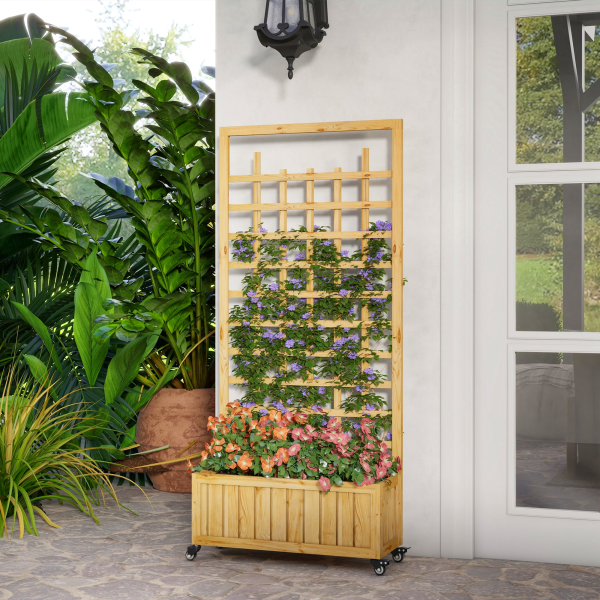 Outsunny Wooden Trellis Planter Raised Bed with Wheels & Liner, 54L – Climbing Plants, Natural Wood