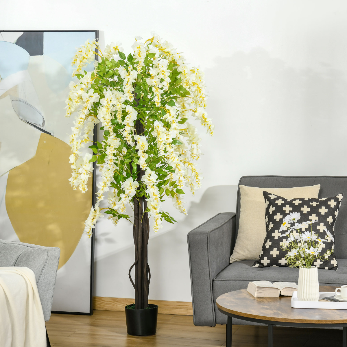 HOMCOM Artificial Realistic White Wisteria Tree Faux Decorative Plant, 160cm