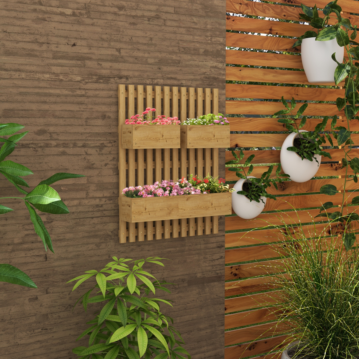 Outsunny Wall-Mounted Wooden Planters with Trellis – Raised Garden Beds for Climbing Plants, Carbonised