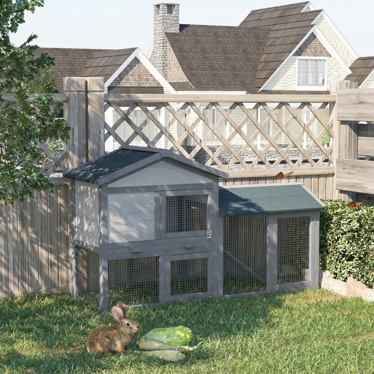 Pawhut 5ft Two-Tier Wooden Rabbit Hutch with Outdoor Run – Guinea Pig House with Removable Roof