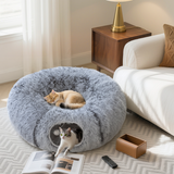 PawHut Donut Cat Play Tunnel Bed with Washable Cushion and Toy Ball – Foldable Pet Tunnel, Light Grey