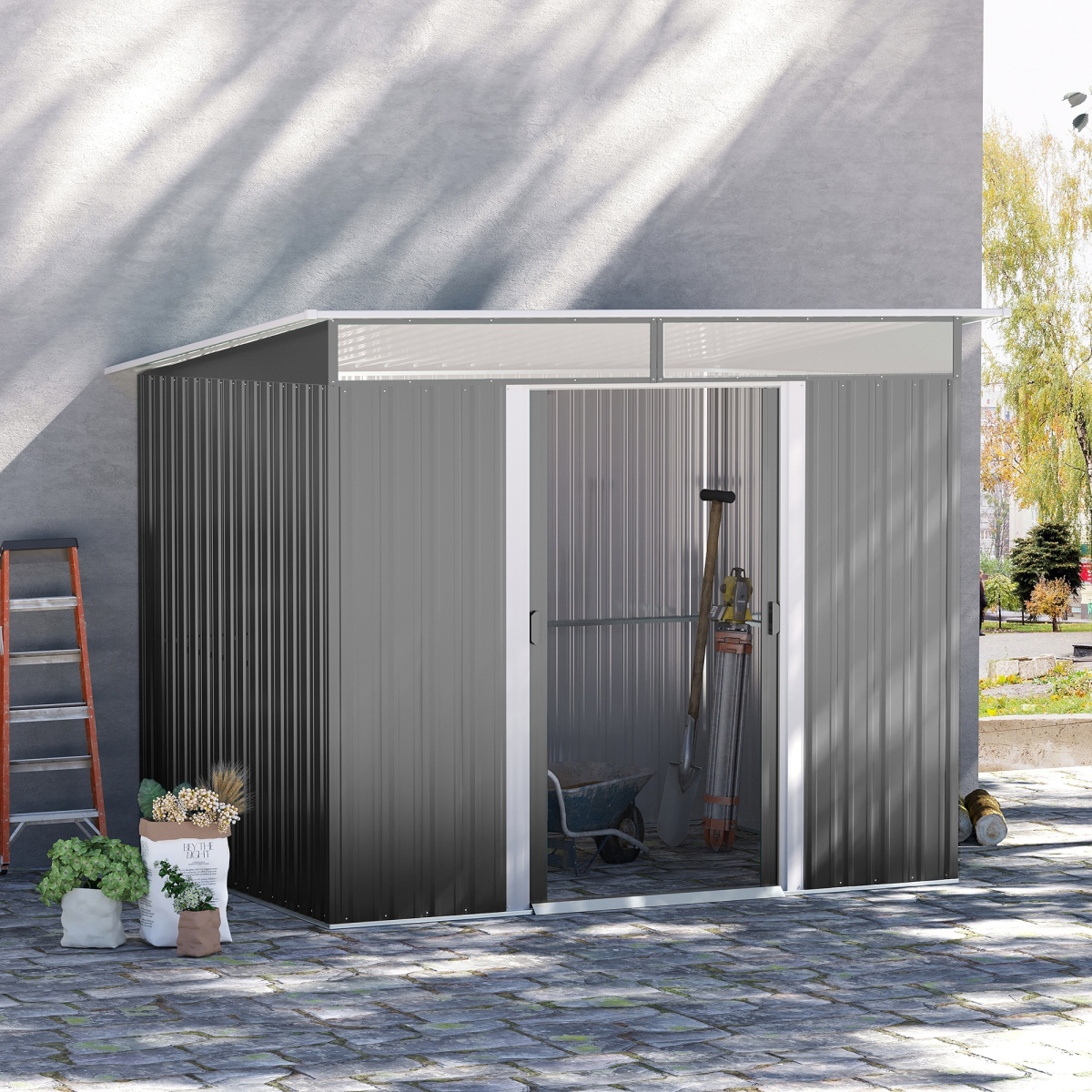 Outsunny 6.4 x 8.5ft Metal Storage Shed with Double Sliding Doors & Clear Panels – Lockable Garden Store, Grey