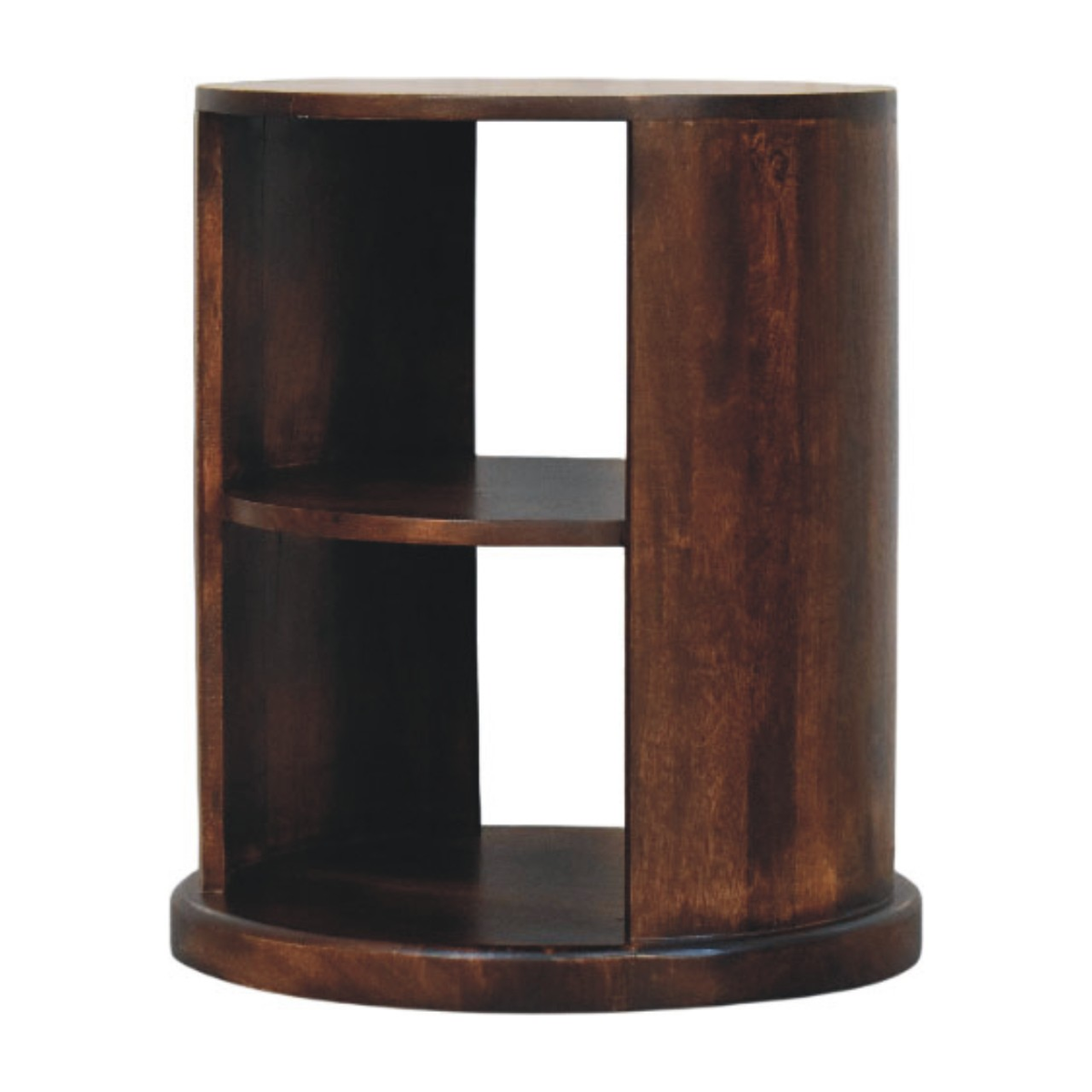 Artisan Furniture Solid Wood Ventura Round Side Table with 2 Open Shelves – California Walnut, Dark Brown