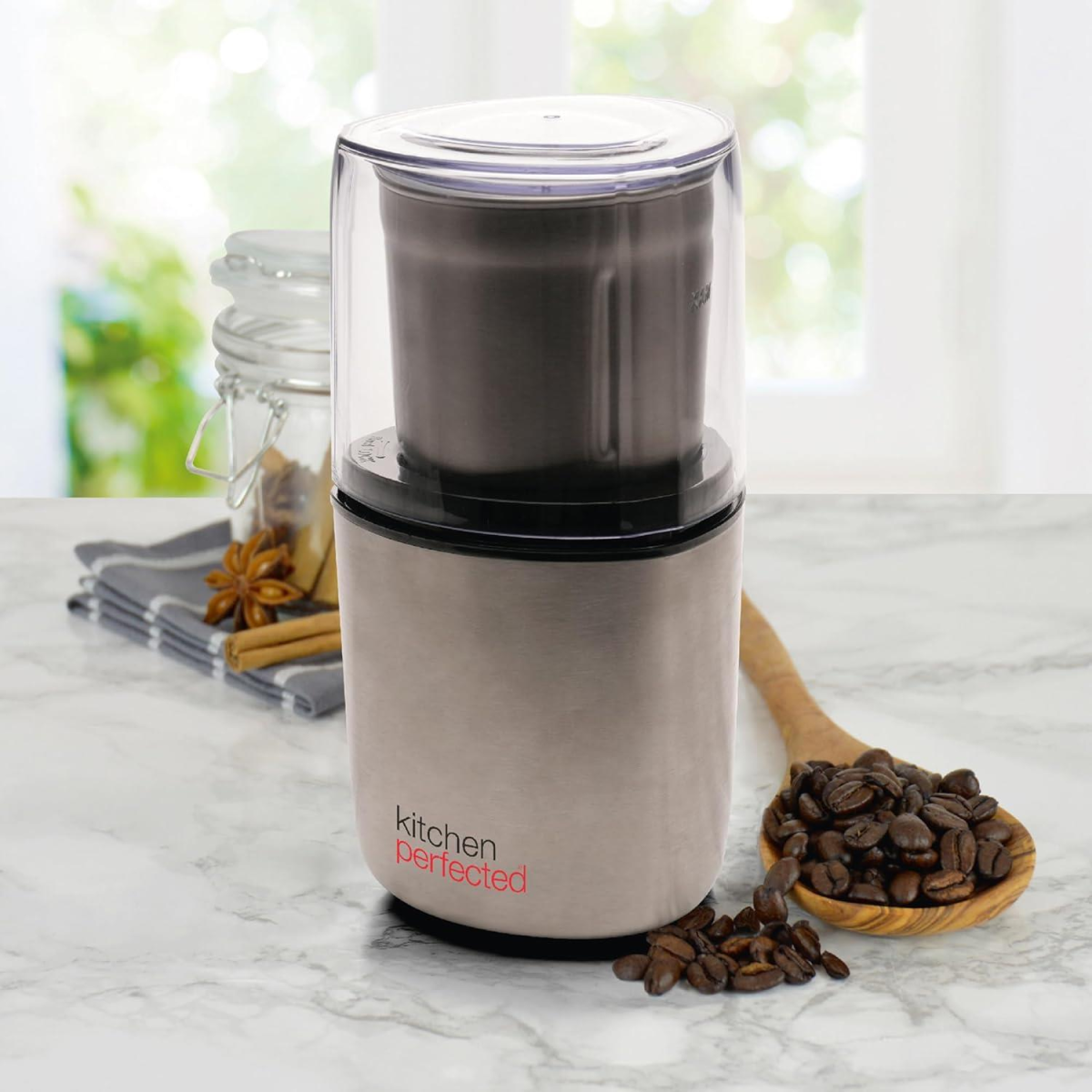 KitchenPerfected 200W Spice & Coffee Grinder with One-Touch Pulse and Stainless Steel Blade – Brushed Steel