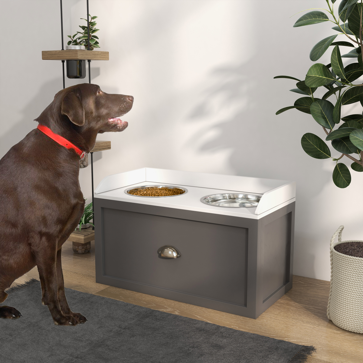 PawHut Stainless Steel Raised Dog Bowls with 21L Storage Drawer – Feeding Station for Large Dogs, Grey and White