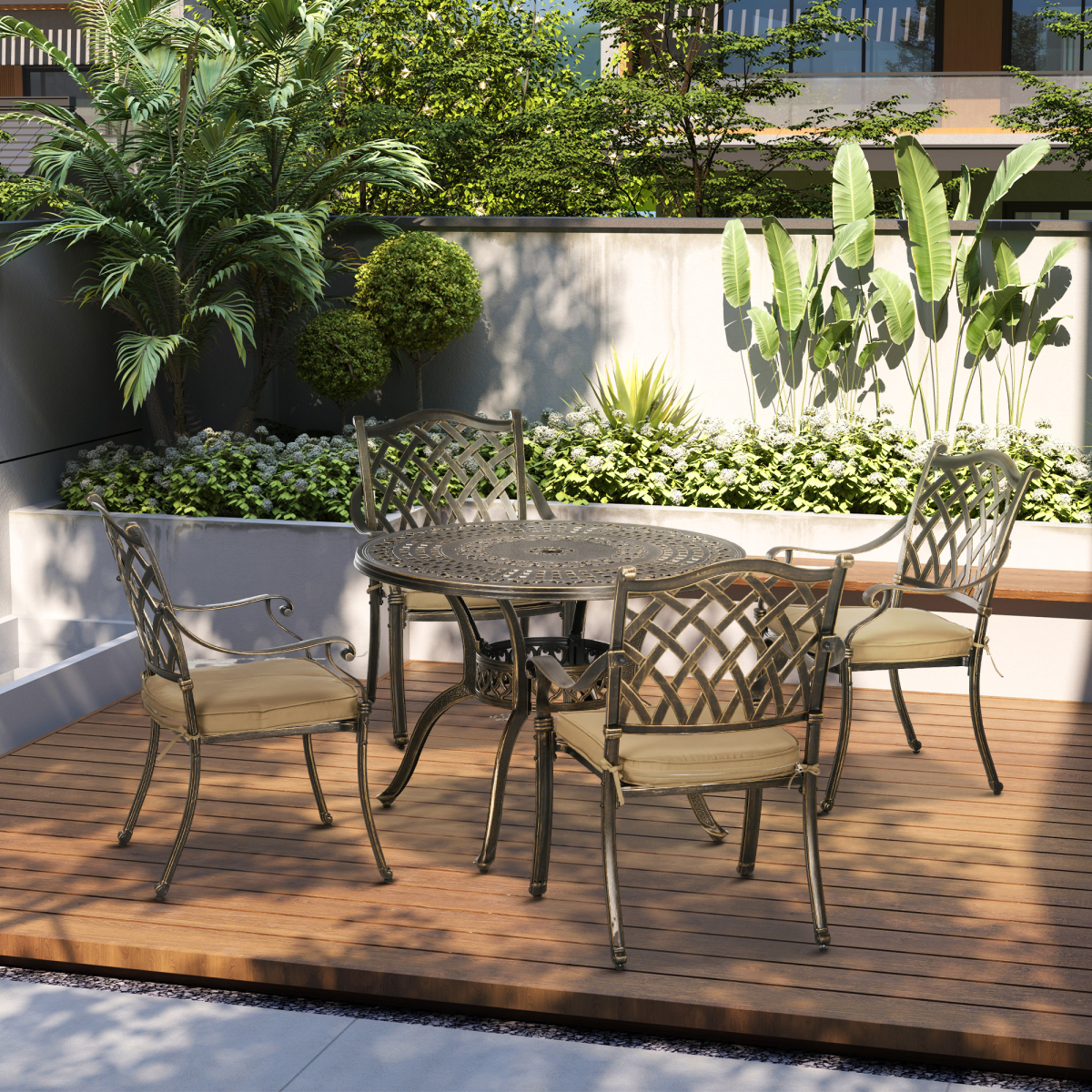 Outsunny 4-Seater Round Garden Dining Set with Cushions & Parasol Hole – Cast Aluminium Outdoor Furniture, Bronze