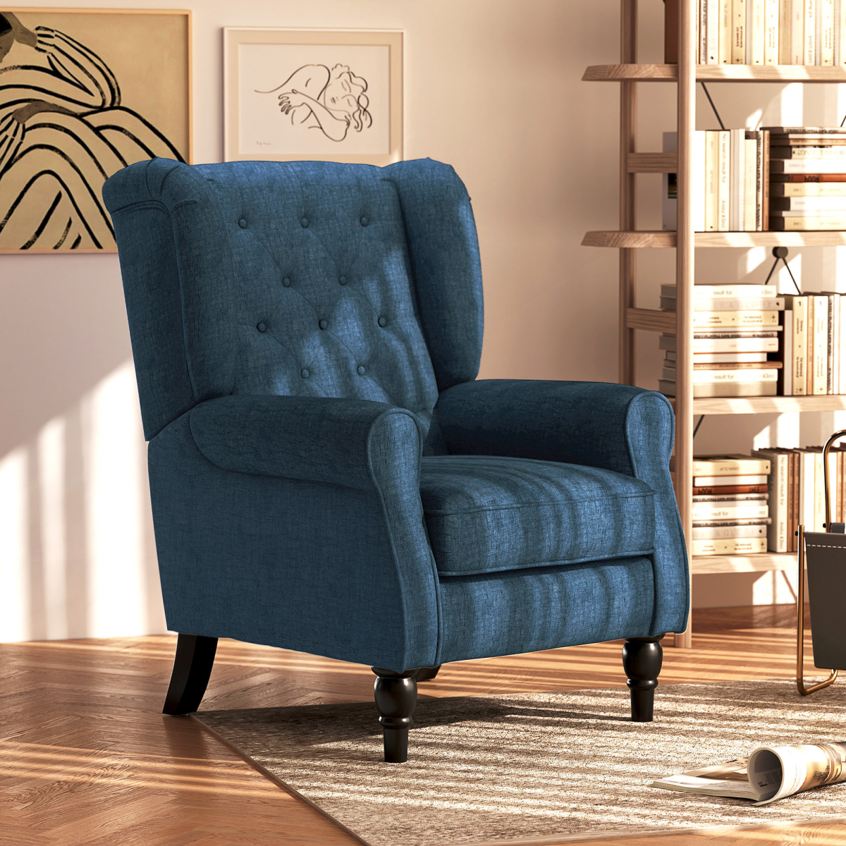HOMCOM Retro Tufted Club Armchair with Solid Wood Legs, High Back – Accent Chair, Blue