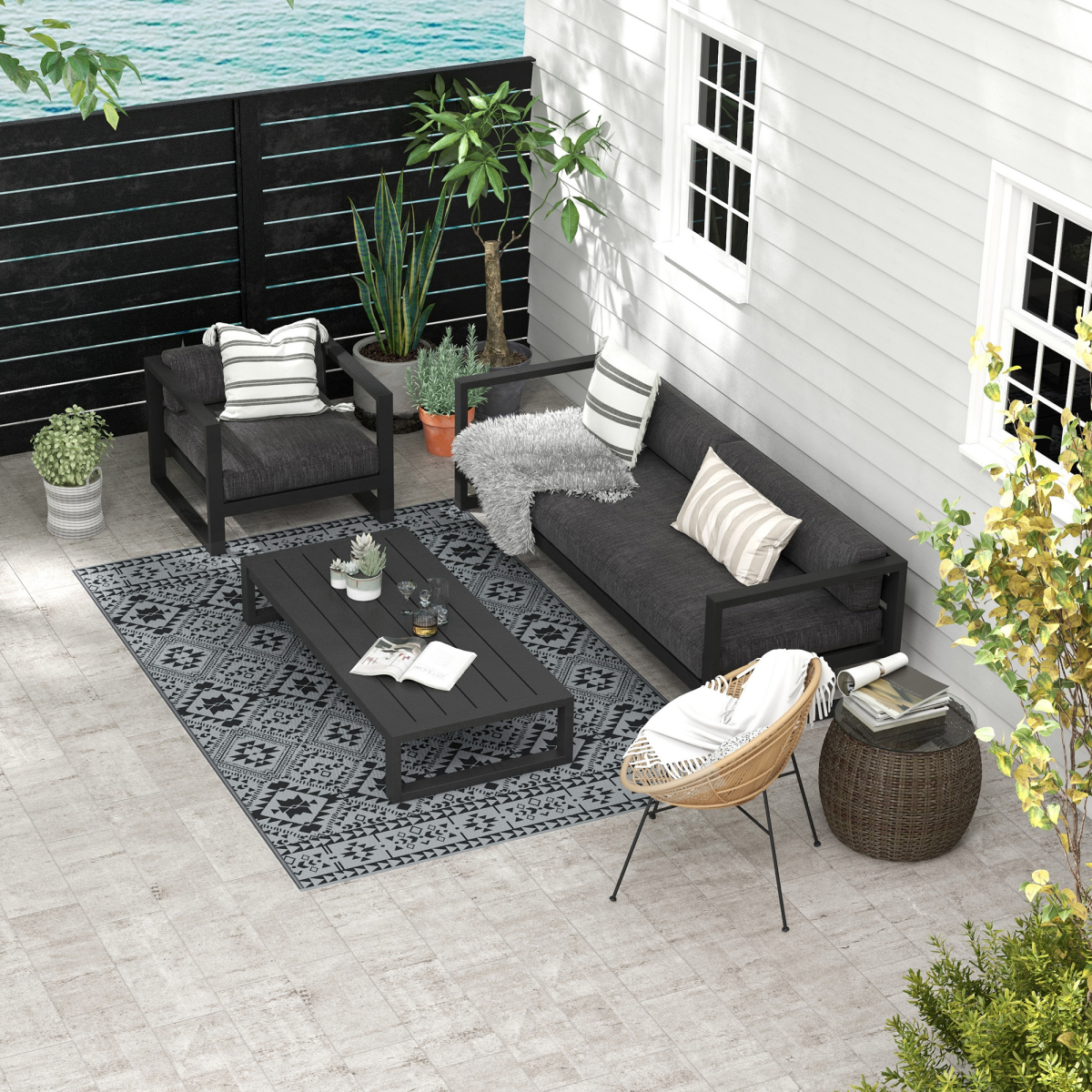 Outsunny Reversible Waterproof Outdoor Rug with Carry Bag, 182 x 274cm, Black
